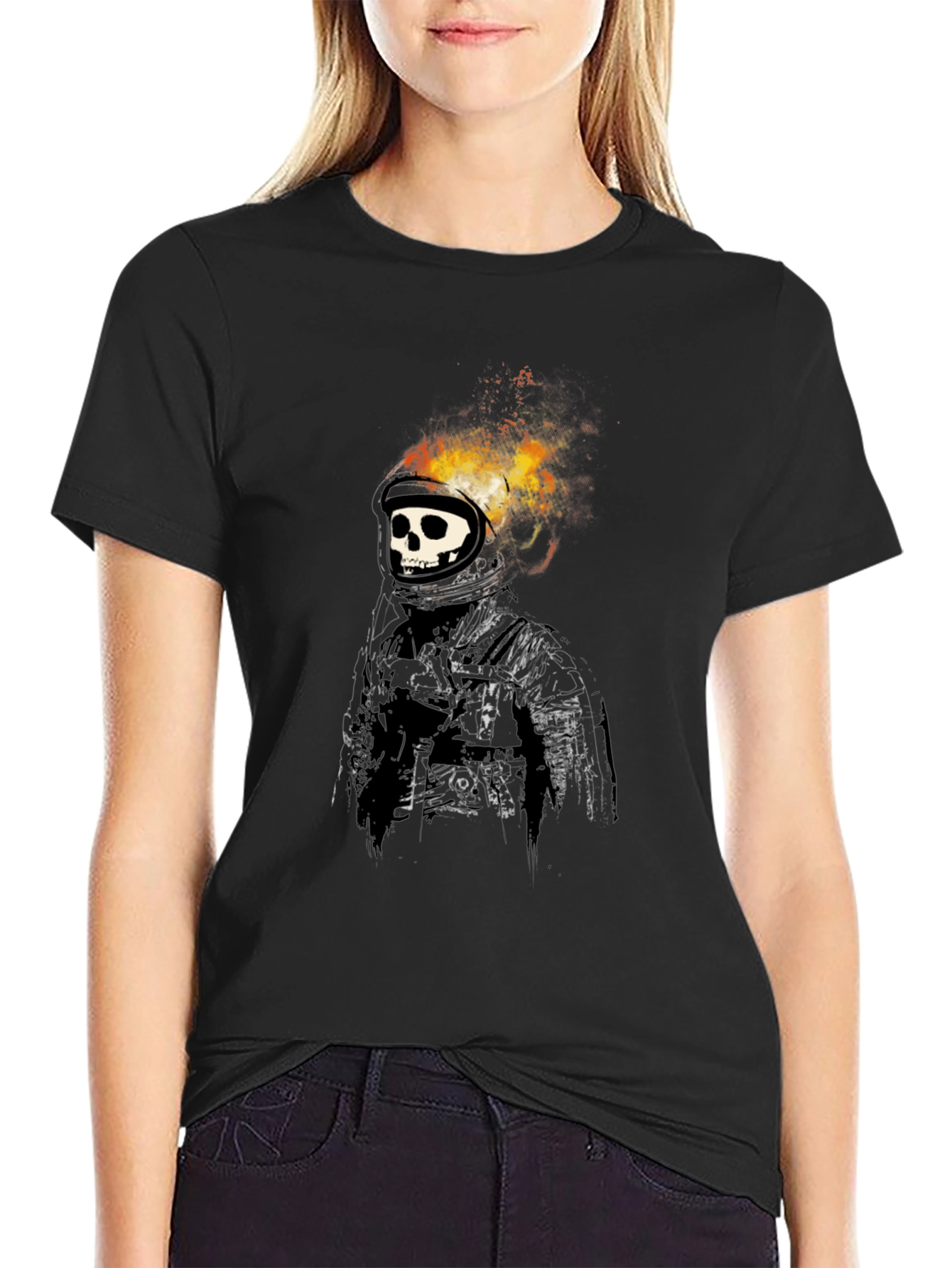 Flaming Skull Astronaut Graphic Black T-Shirt