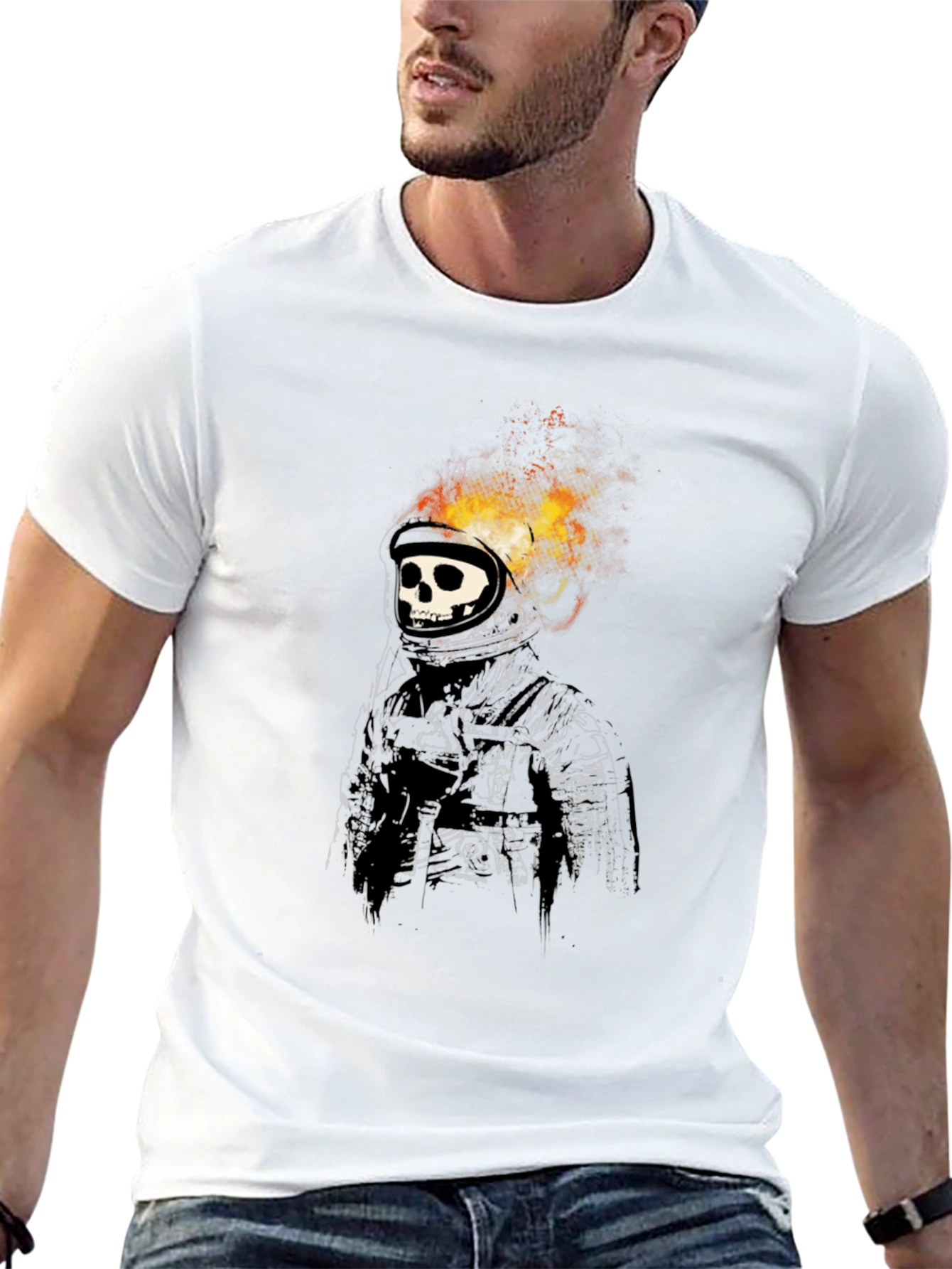 Flaming Skull Astronaut Graphic Black T-Shirt