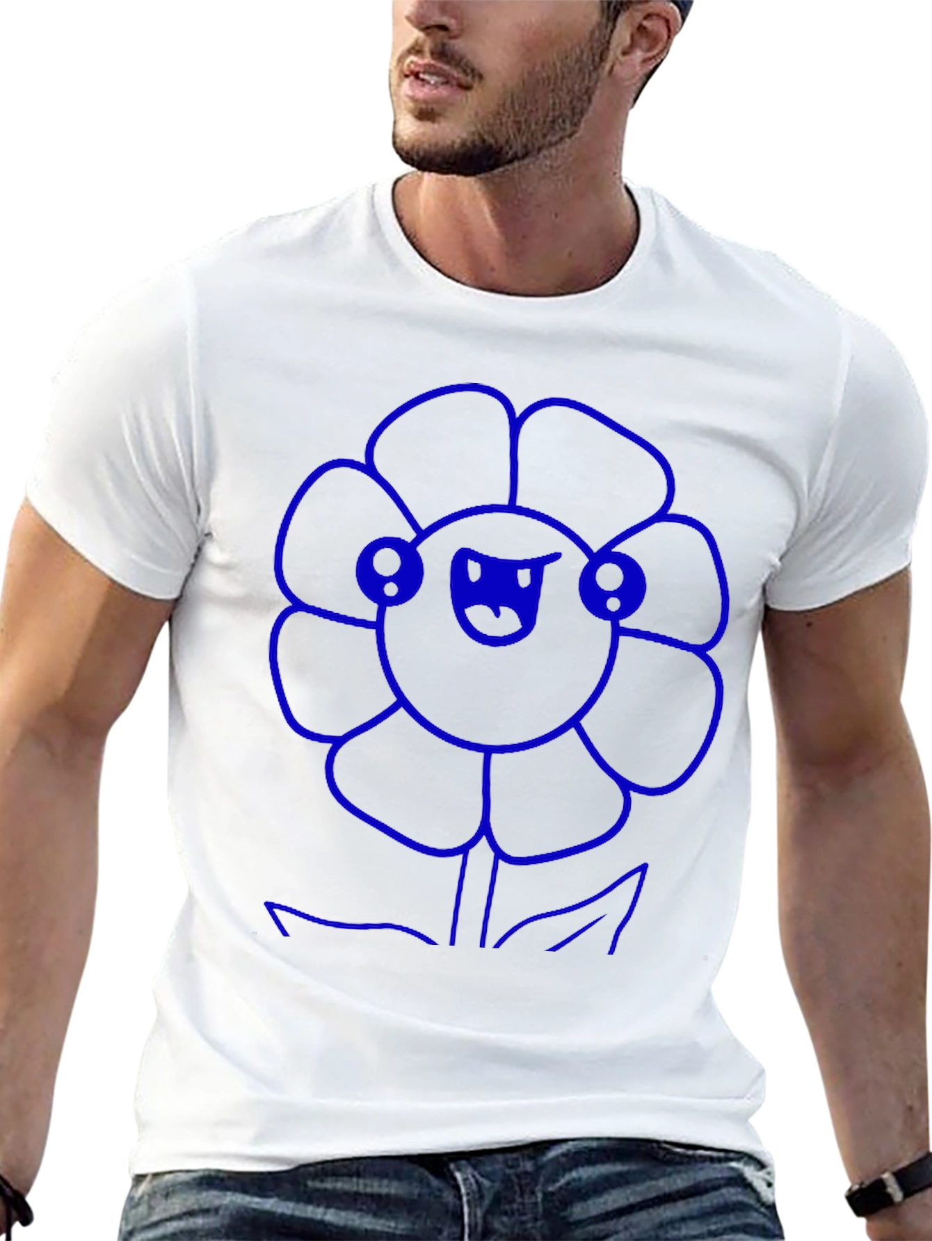 Blue Flower Graphic Black T-Shirt