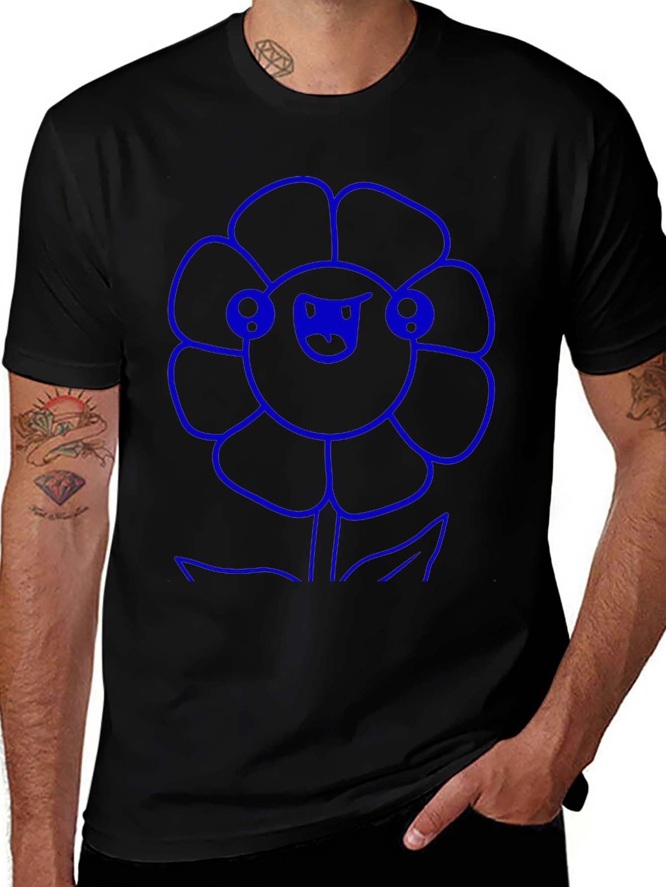 Blue Flower Graphic Black T-Shirt