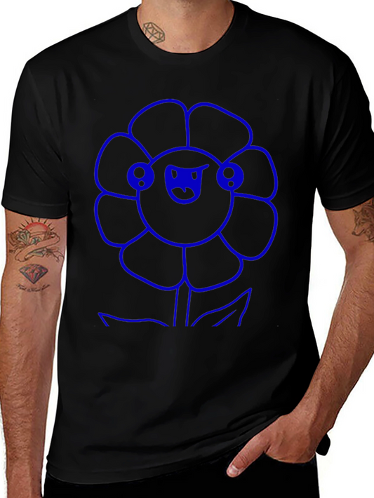 Blue Flower Graphic Black T-Shirt