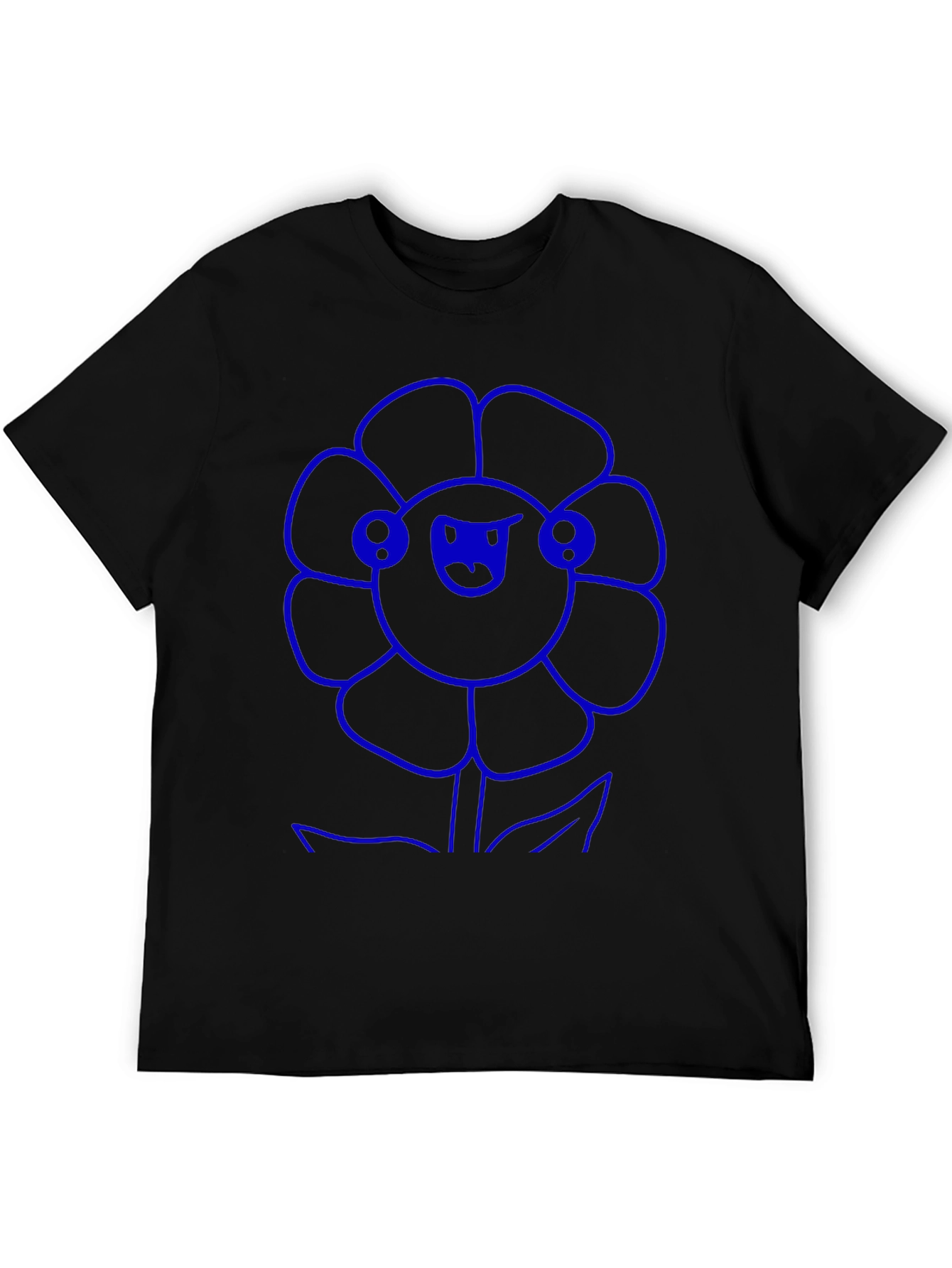 Blue Flower Graphic Black T-Shirt