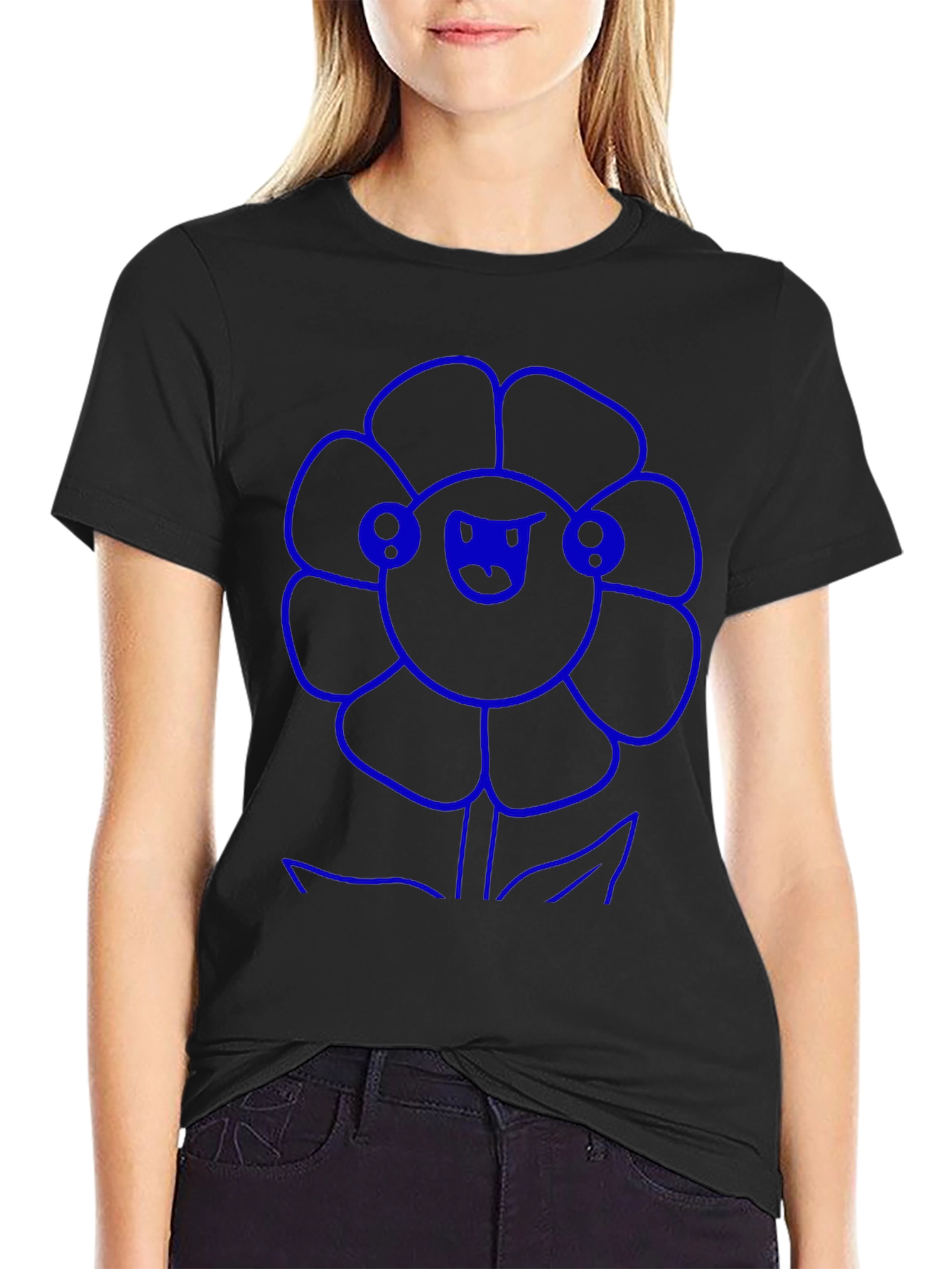 Blue Flower Graphic Black T-Shirt