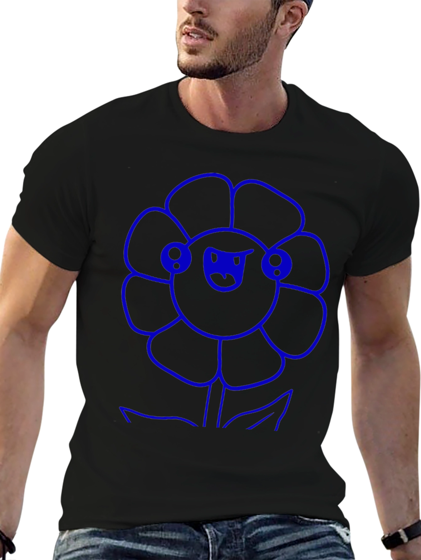 Blue Flower Graphic Black T-Shirt
