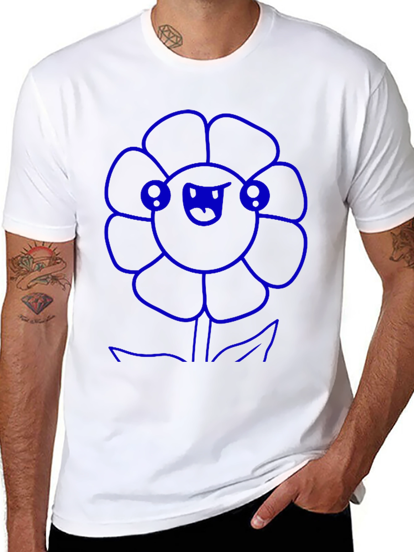 Blue Flower Graphic Black T-Shirt