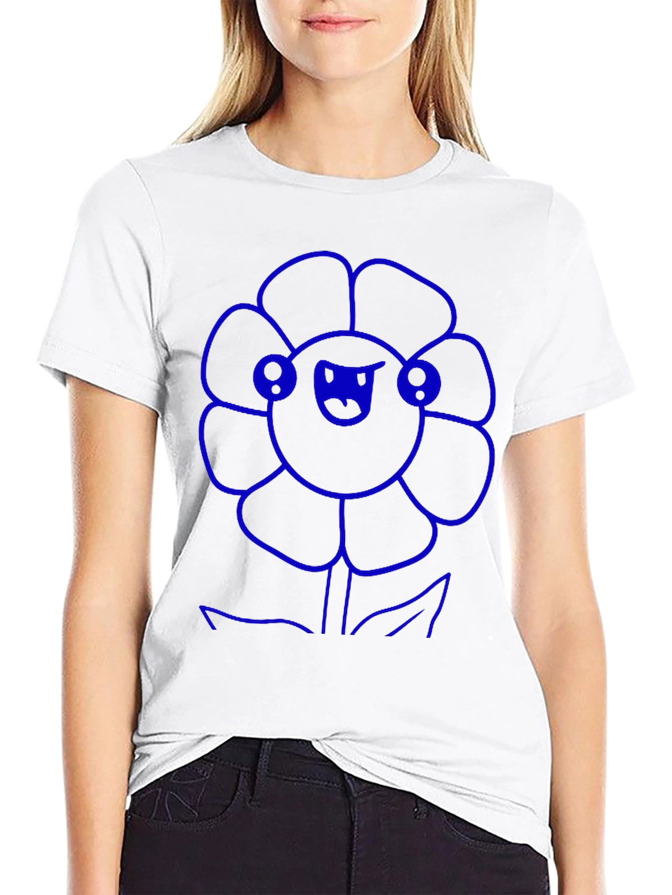 Blue Flower Graphic Black T-Shirt
