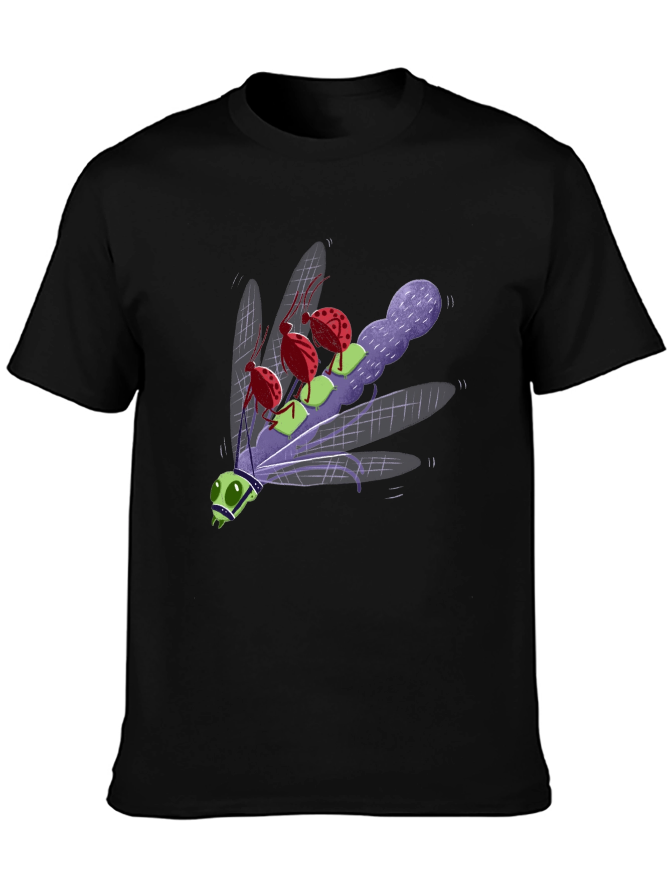 Cartoon Insect Graphic Tee - Black Cotton Blend