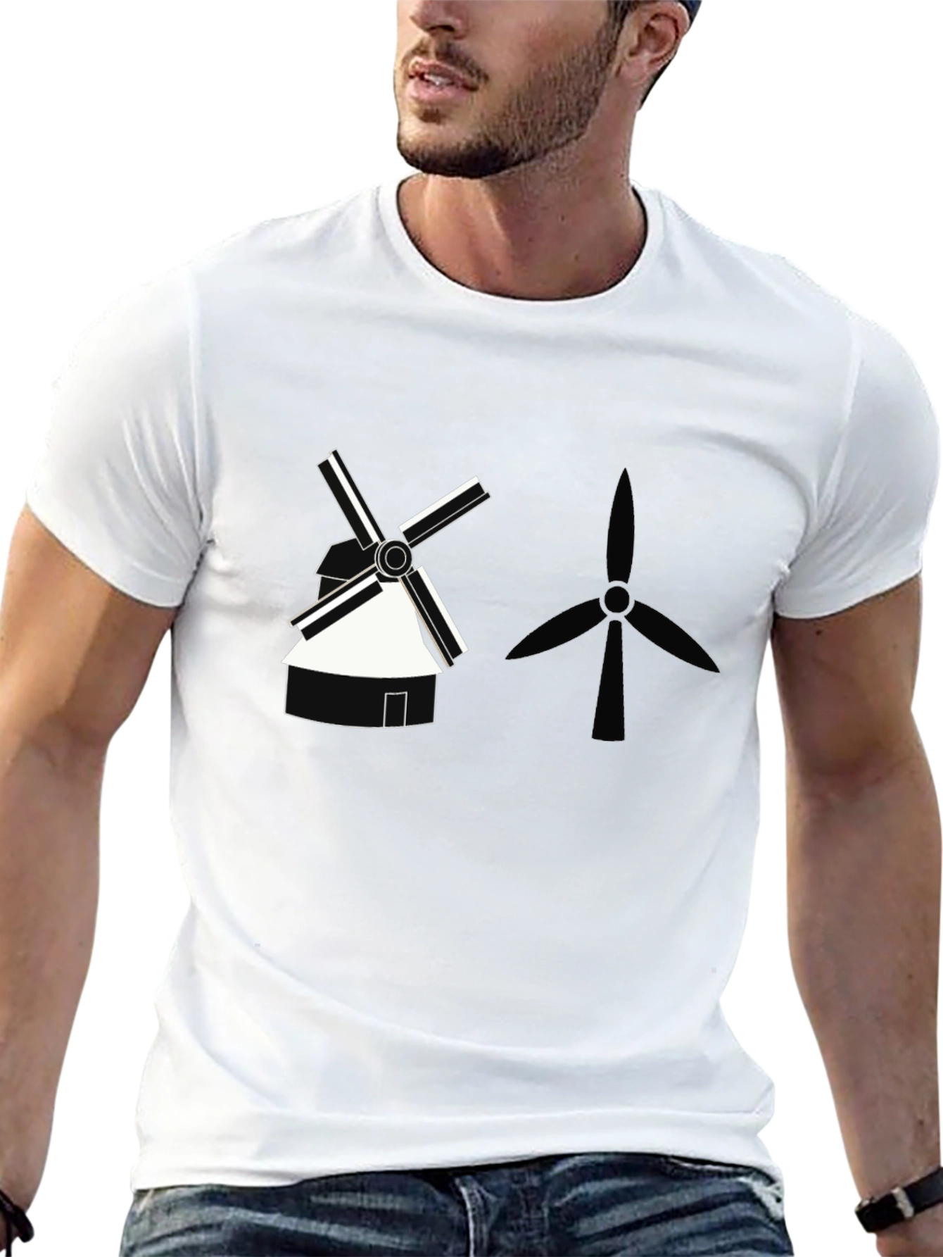 Modern Windmill Graphic Tee - Black Cotton T-Shirt
