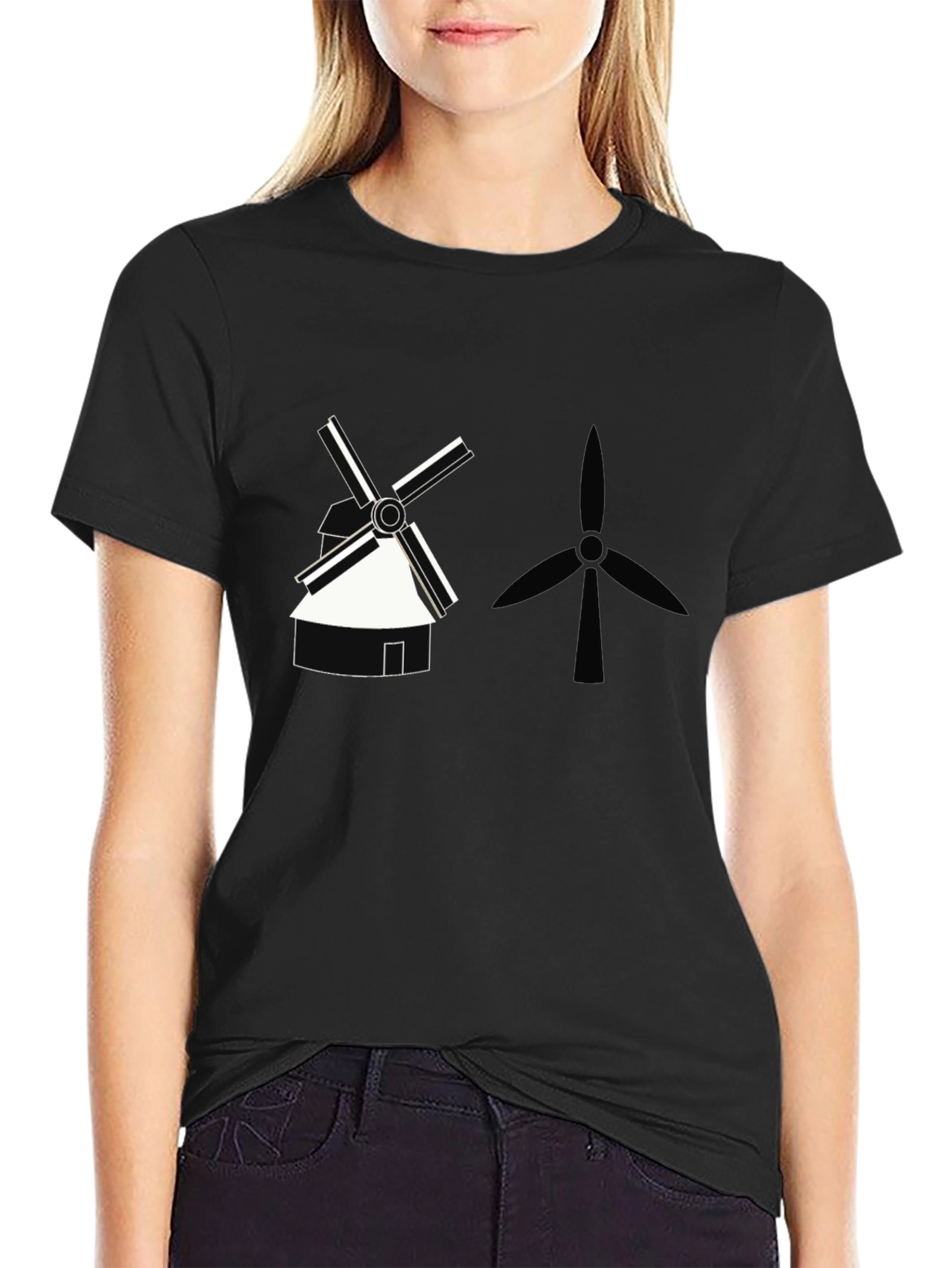 Modern Windmill Graphic Tee - Black Cotton T-Shirt