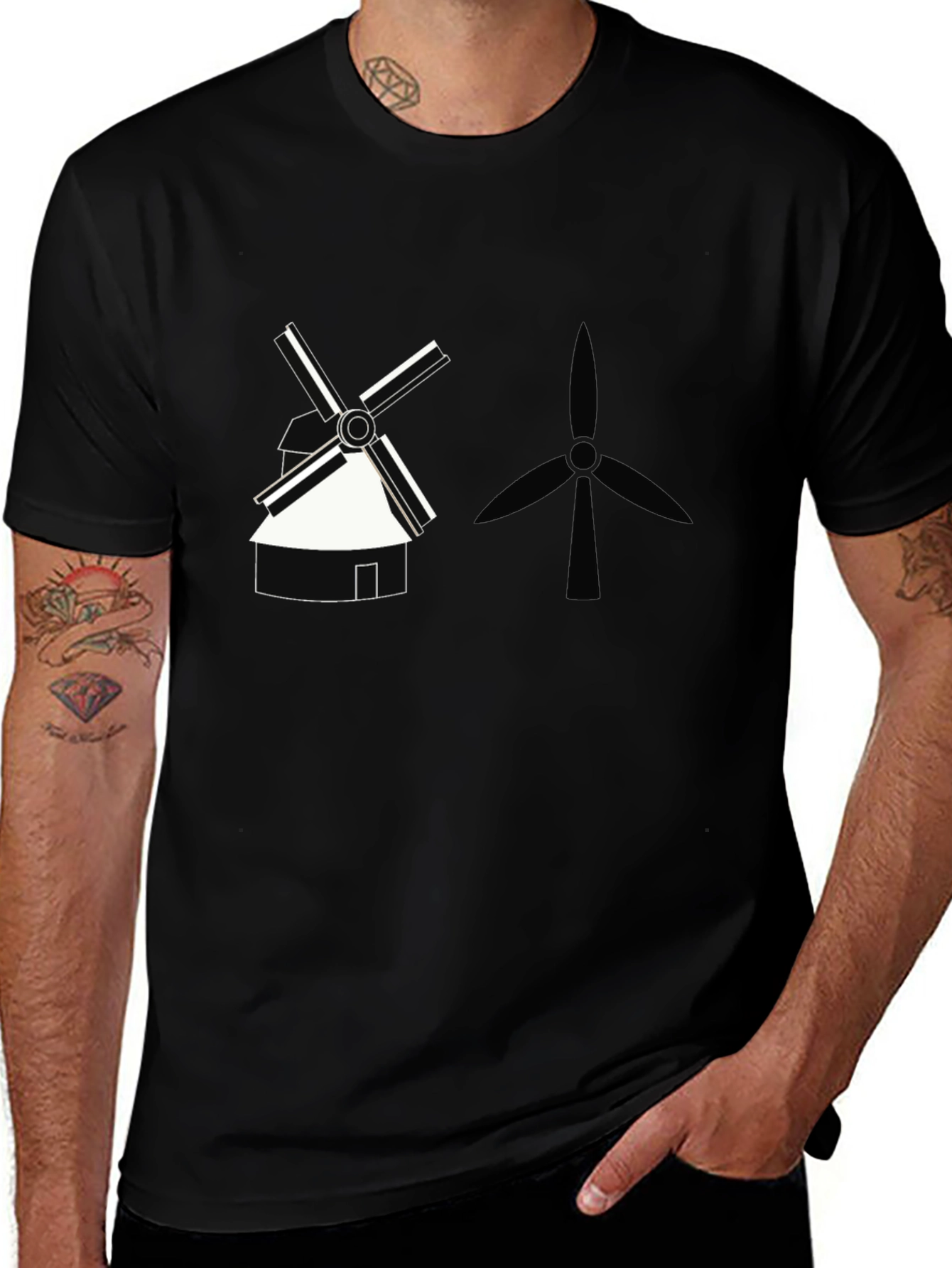 Modern Windmill Graphic Tee - Black Cotton T-Shirt