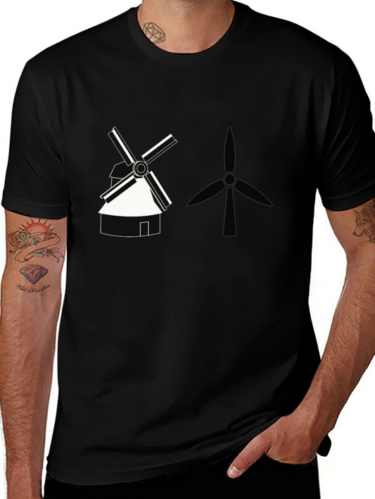 Modern Windmill Graphic Tee - Black Cotton T-Shirt