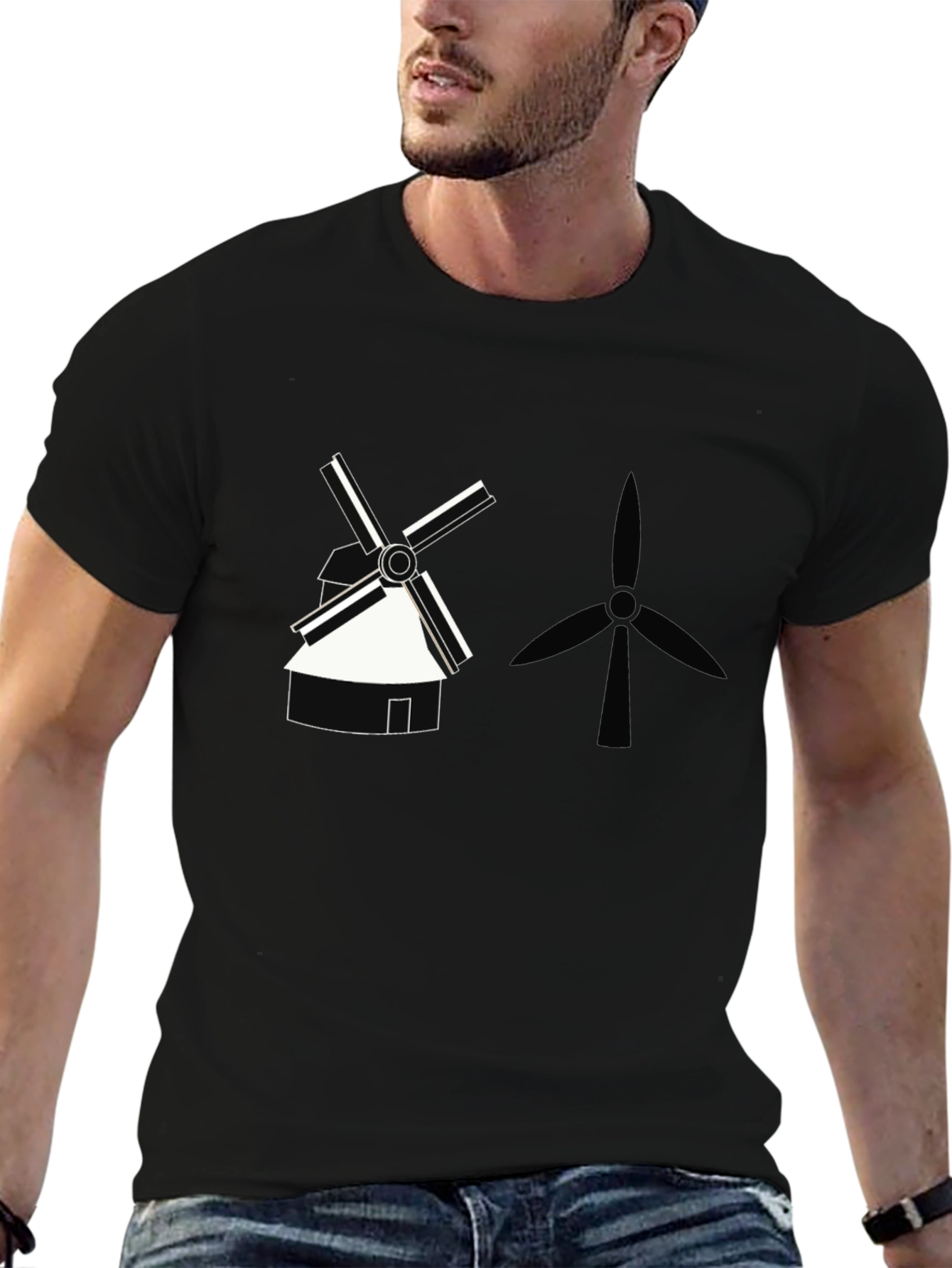 Modern Windmill Graphic Tee - Black Cotton T-Shirt