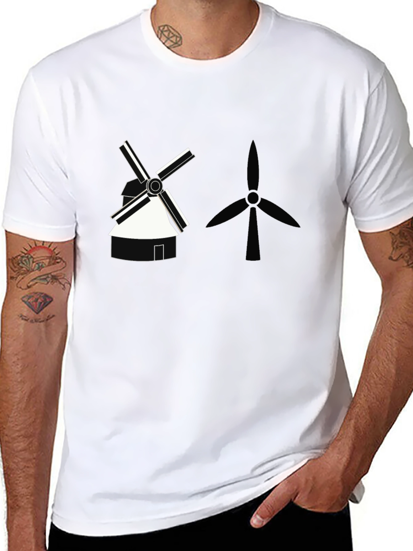 Modern Windmill Graphic Tee - Black Cotton T-Shirt