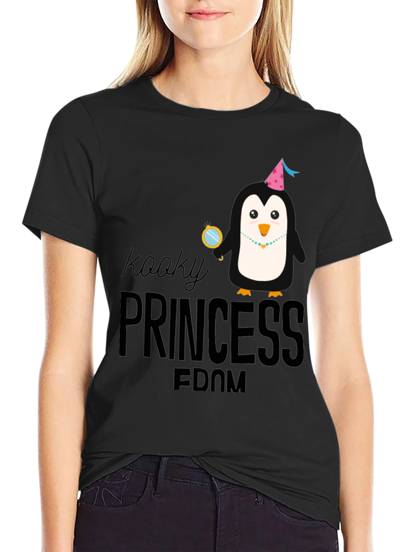 Kooky Princess Penguin Graphic Tee - Black Cotton T-Shirt