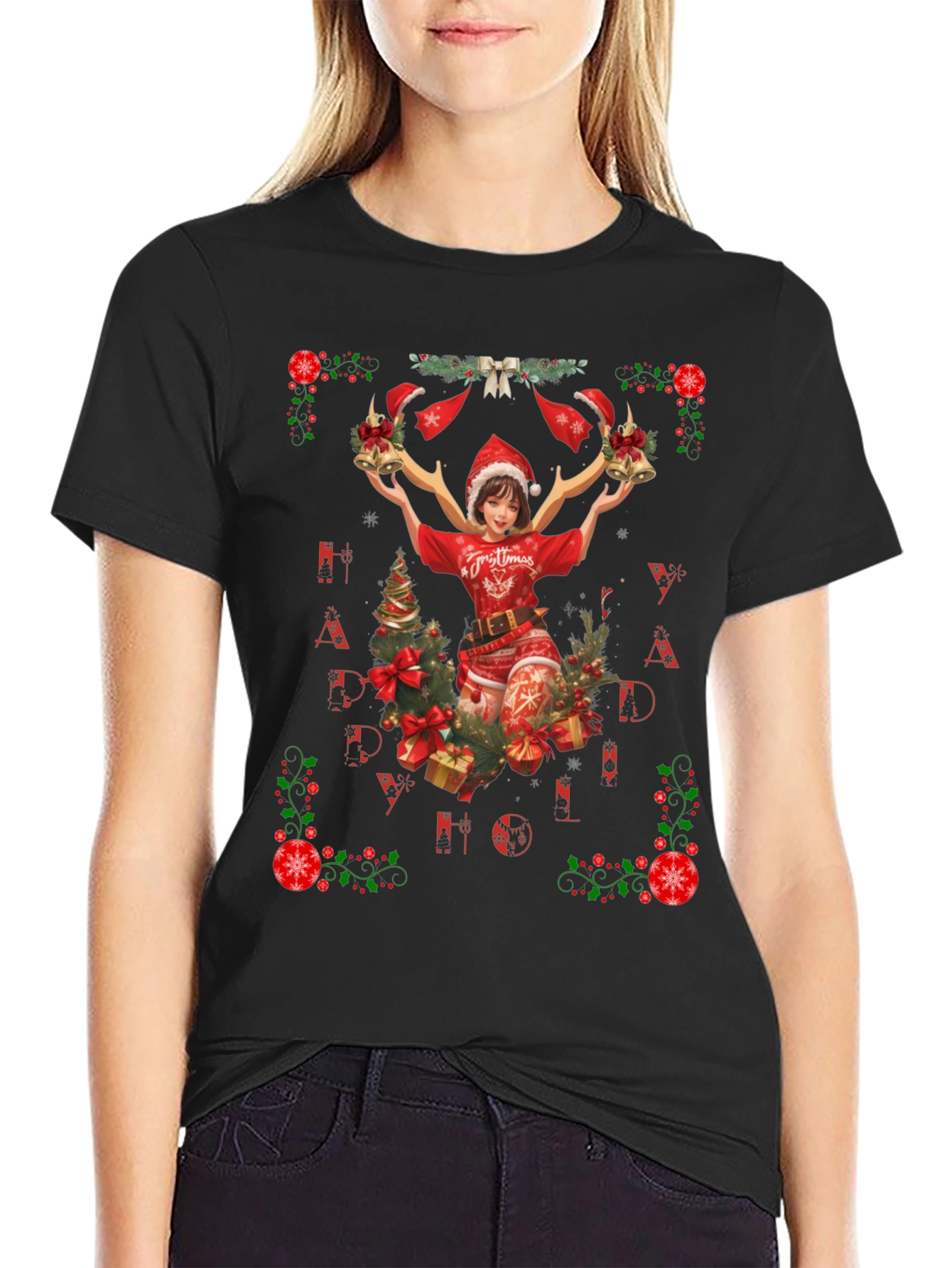 Festive Christmas Anime Girl Graphic Tee
