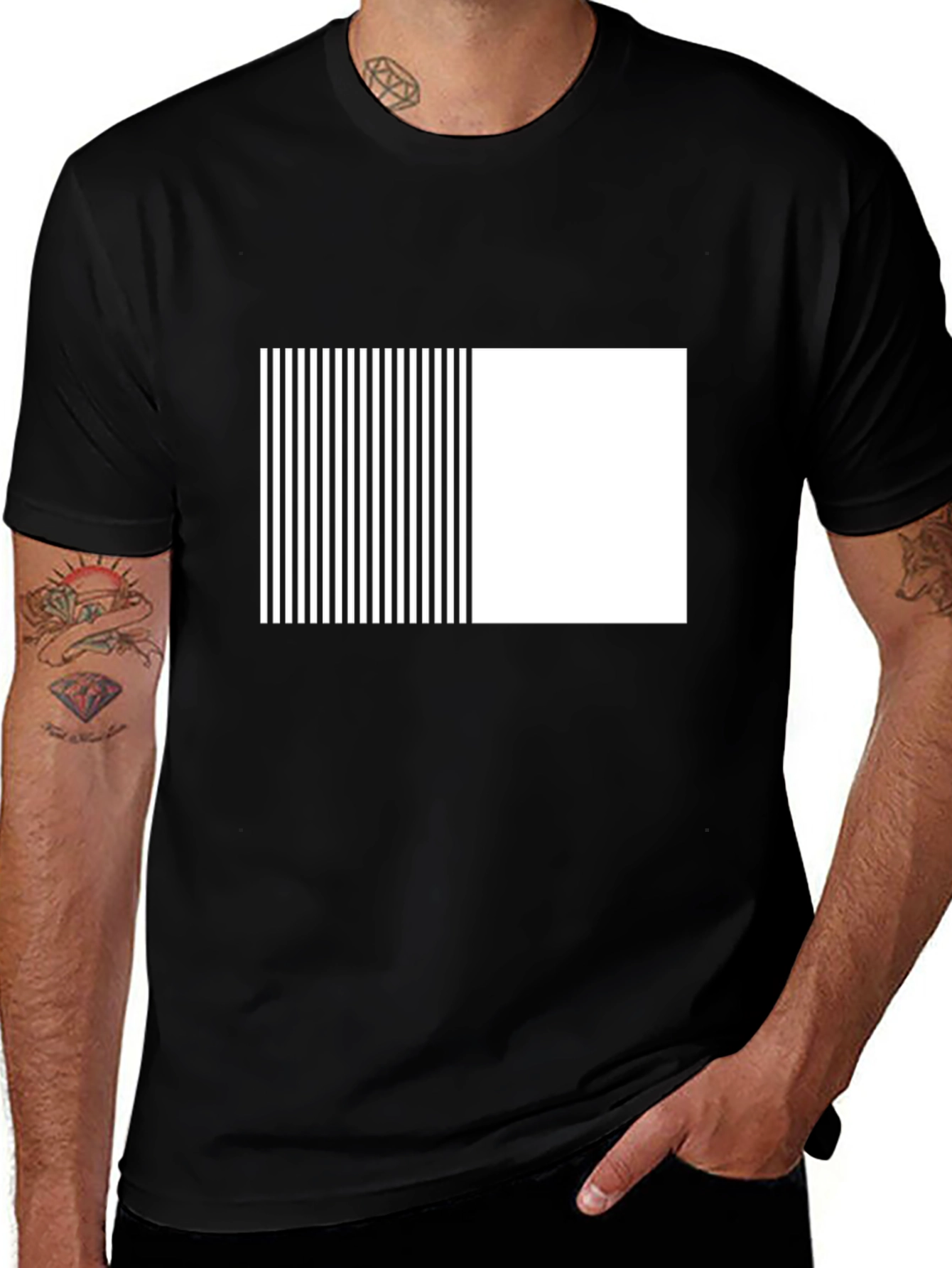 Modern Black Tee with Geometric Stripe Block Design