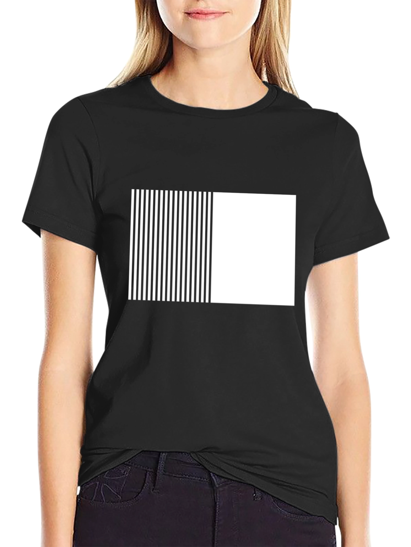 Modern Black Tee with Geometric Stripe Block Design