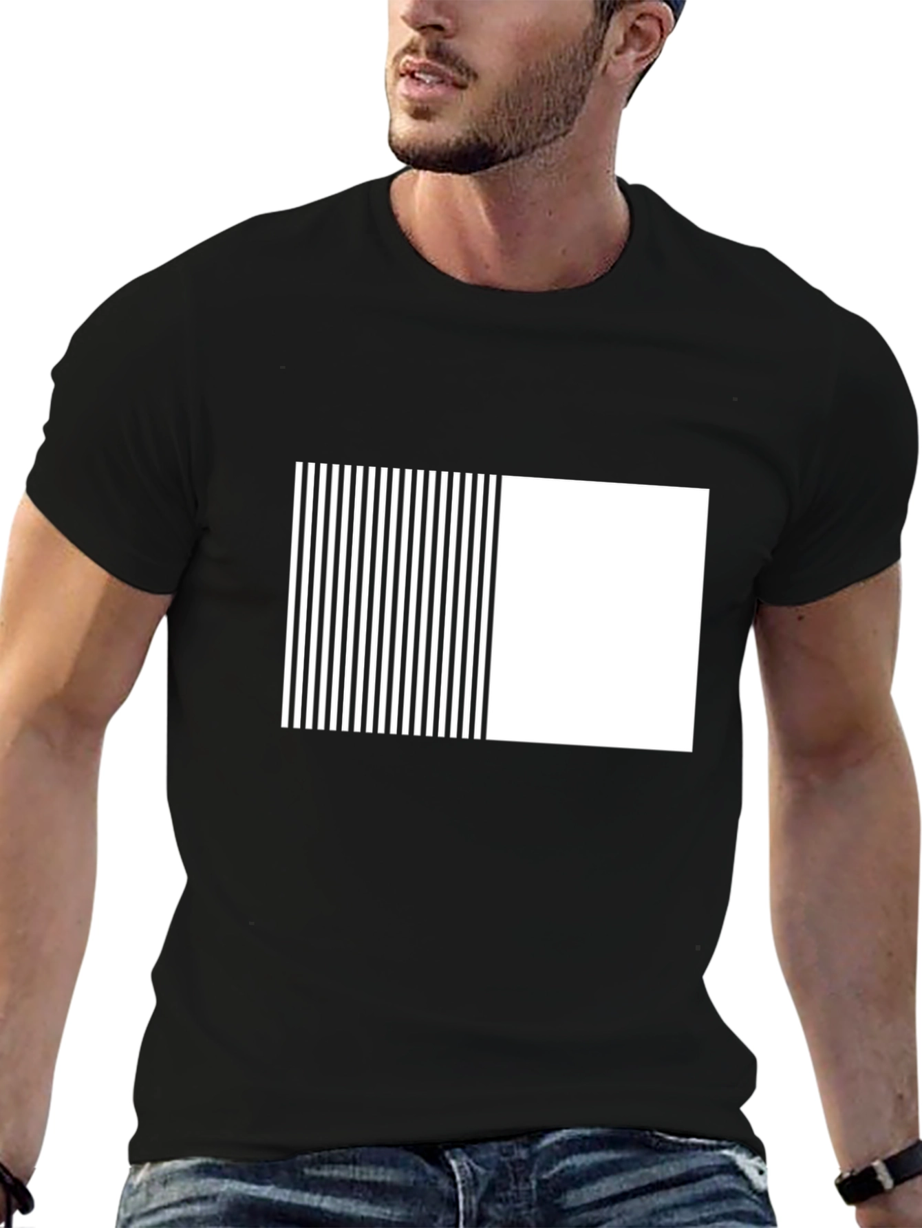 Modern Black Tee with Geometric Stripe Block Design