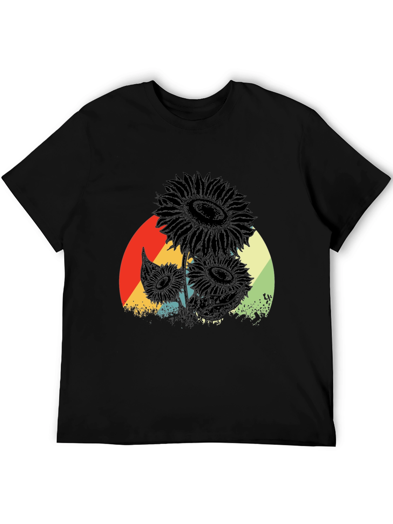 Retro Sunflower Graphic Tee - Black Cotton T-Shirt