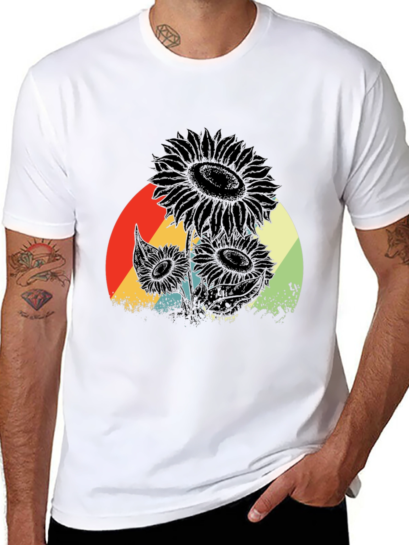 Retro Sunflower Graphic Tee - Black Cotton T-Shirt