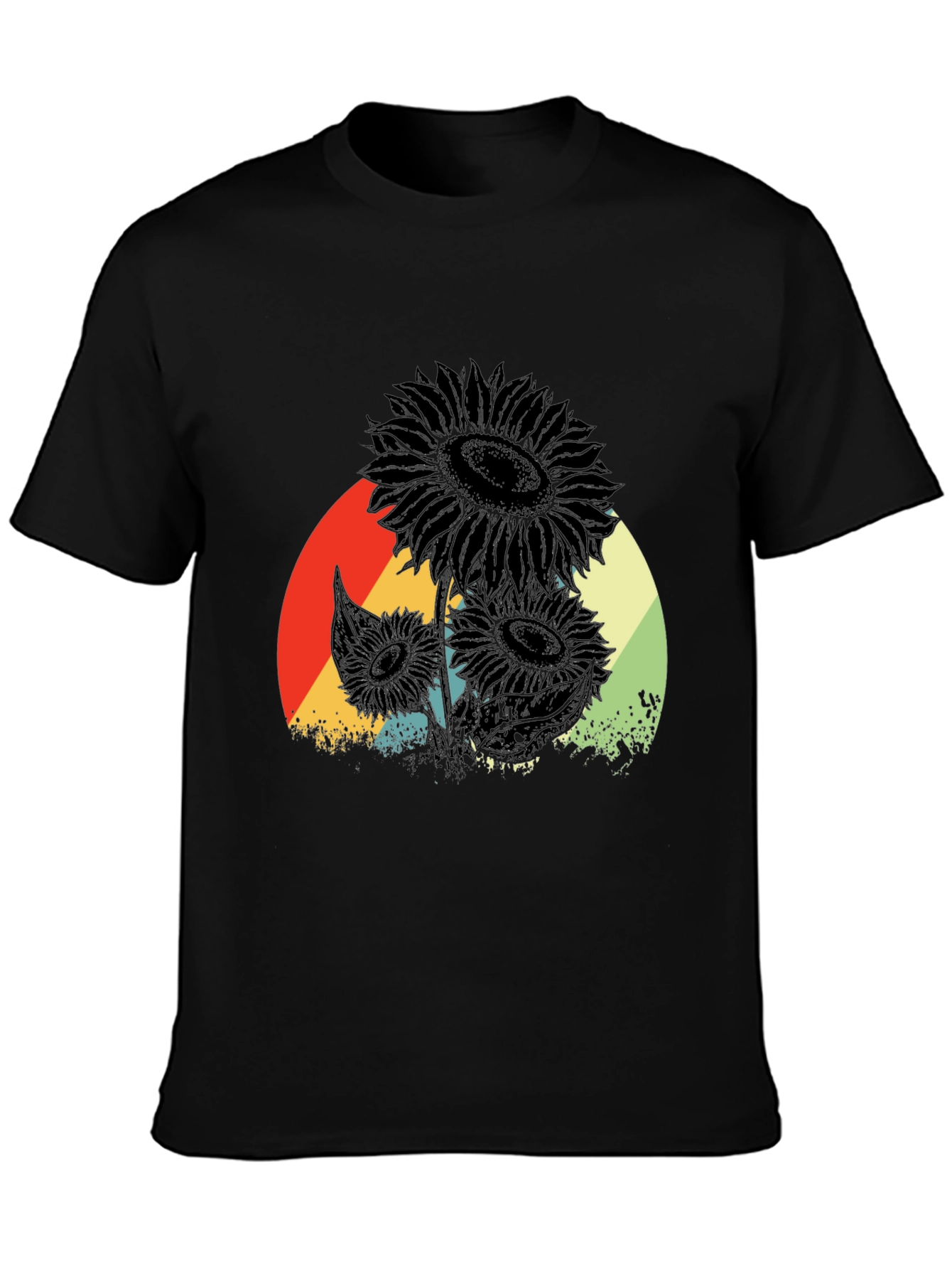 Retro Sunflower Graphic Tee - Black Cotton T-Shirt
