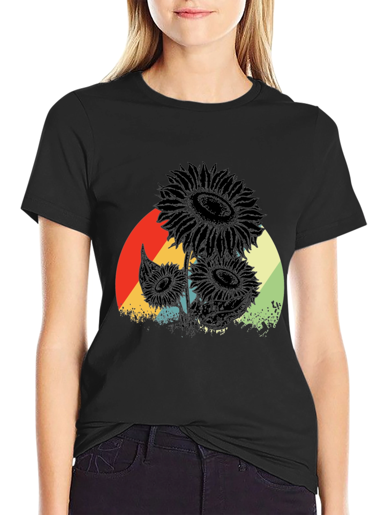 Retro Sunflower Graphic Tee - Black Cotton T-Shirt