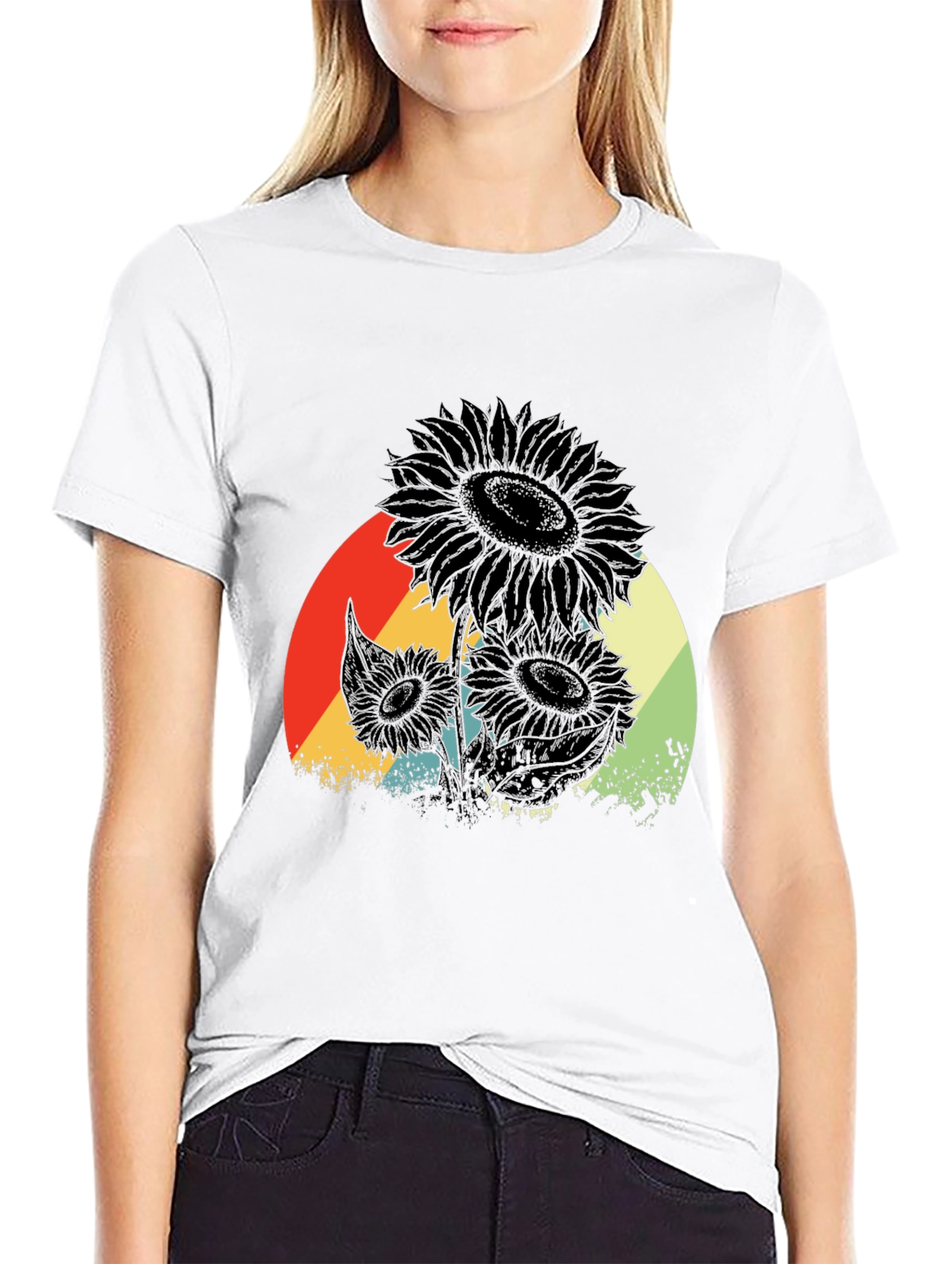 Retro Sunflower Graphic Tee - Black Cotton T-Shirt