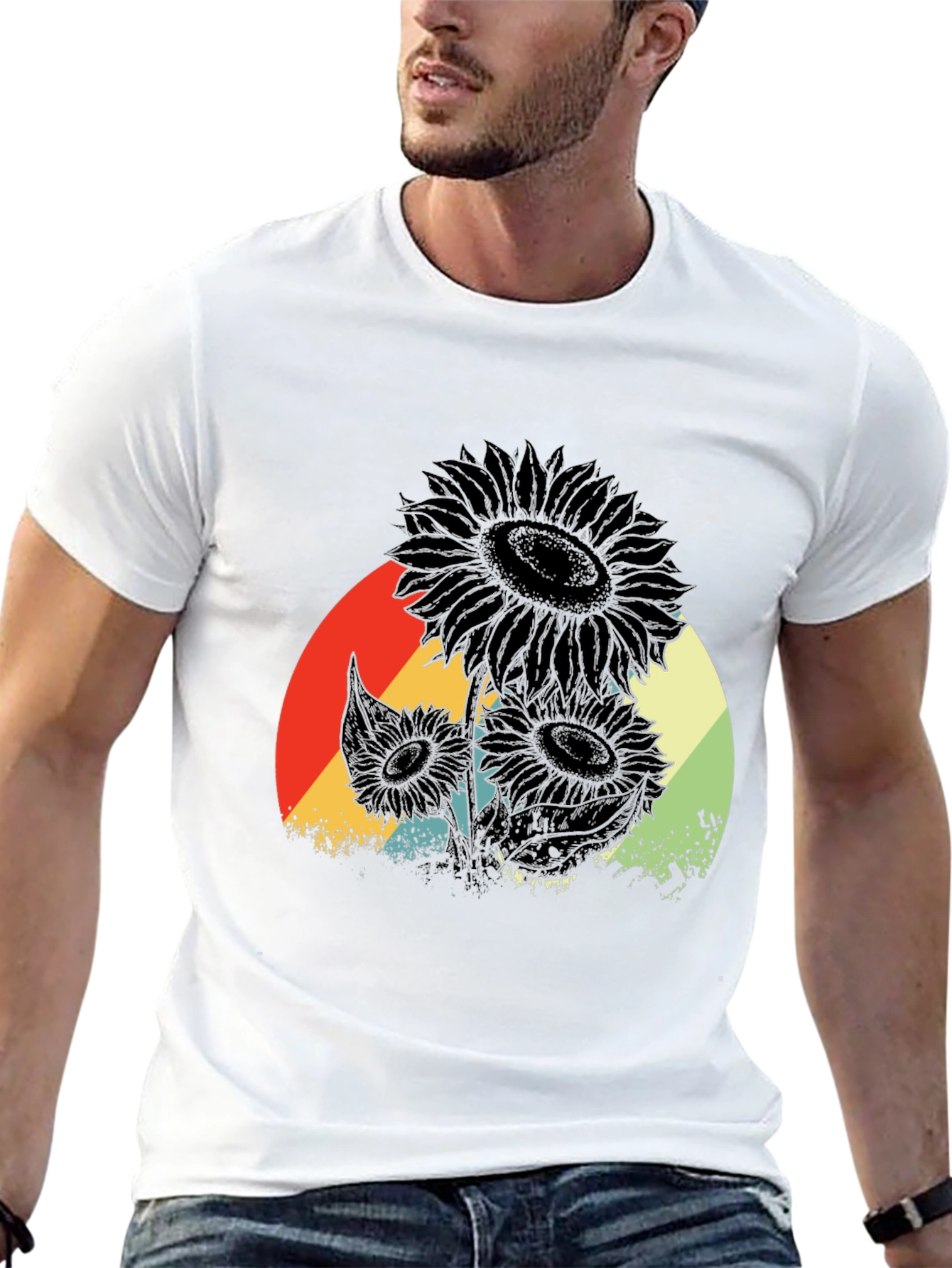 Retro Sunflower Graphic Tee - Black Cotton T-Shirt
