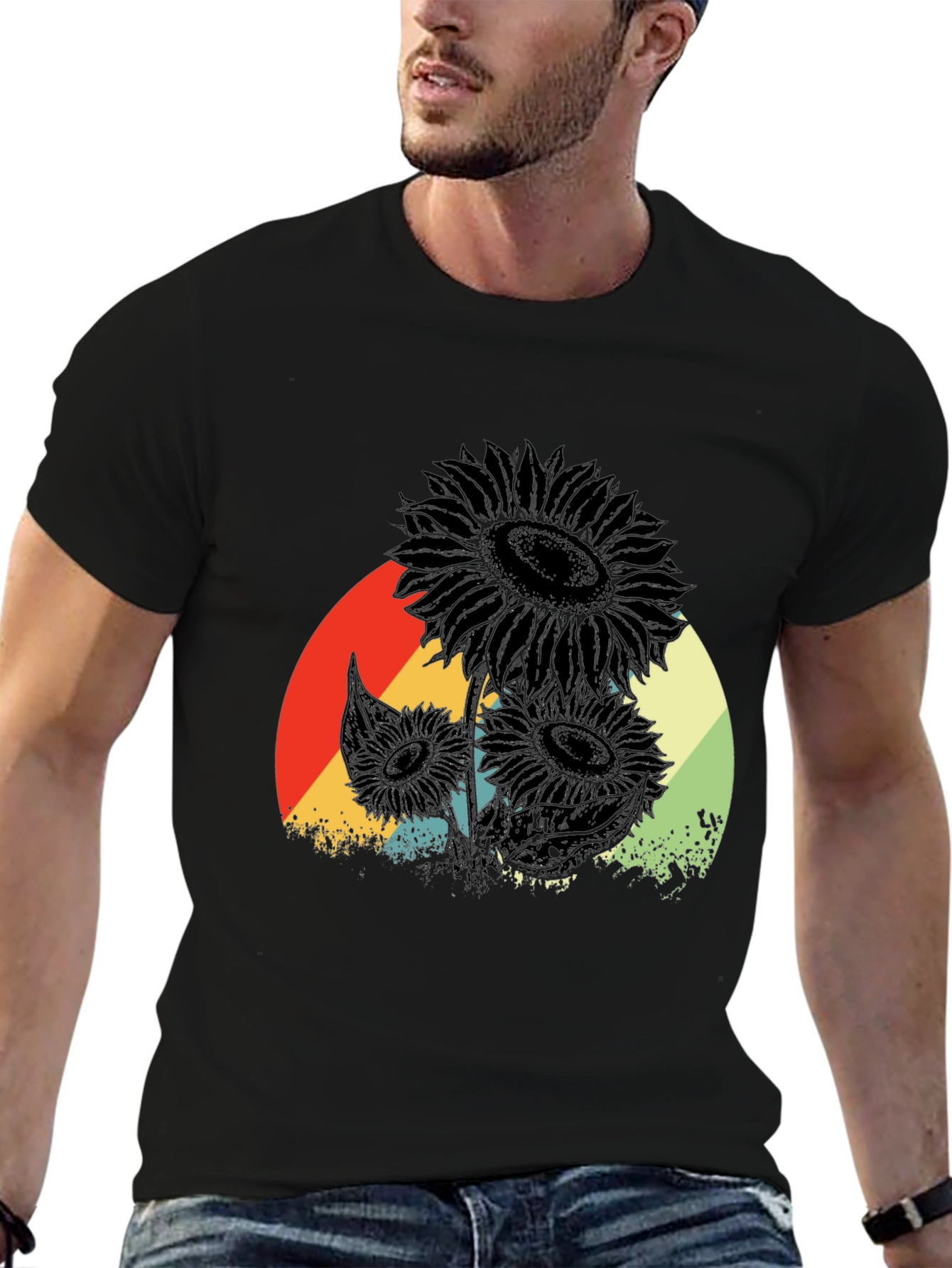 Retro Sunflower Graphic Tee - Black Cotton T-Shirt