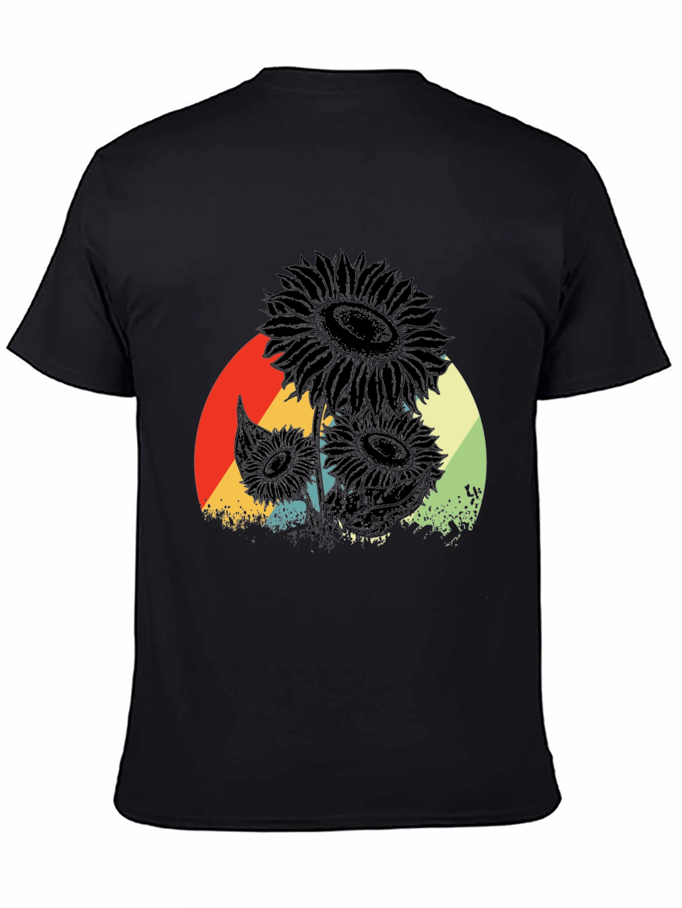 Retro Sunflower Graphic Tee - Black Cotton T-Shirt
