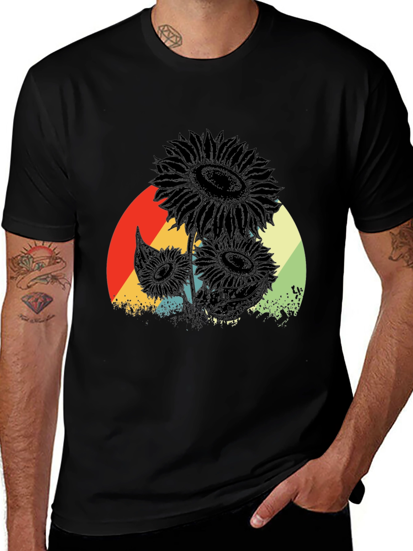 Retro Sunflower Graphic Tee - Black Cotton T-Shirt