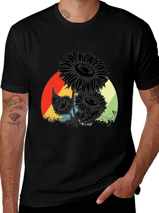 Retro Sunflower Graphic Tee - Black Cotton T-Shirt