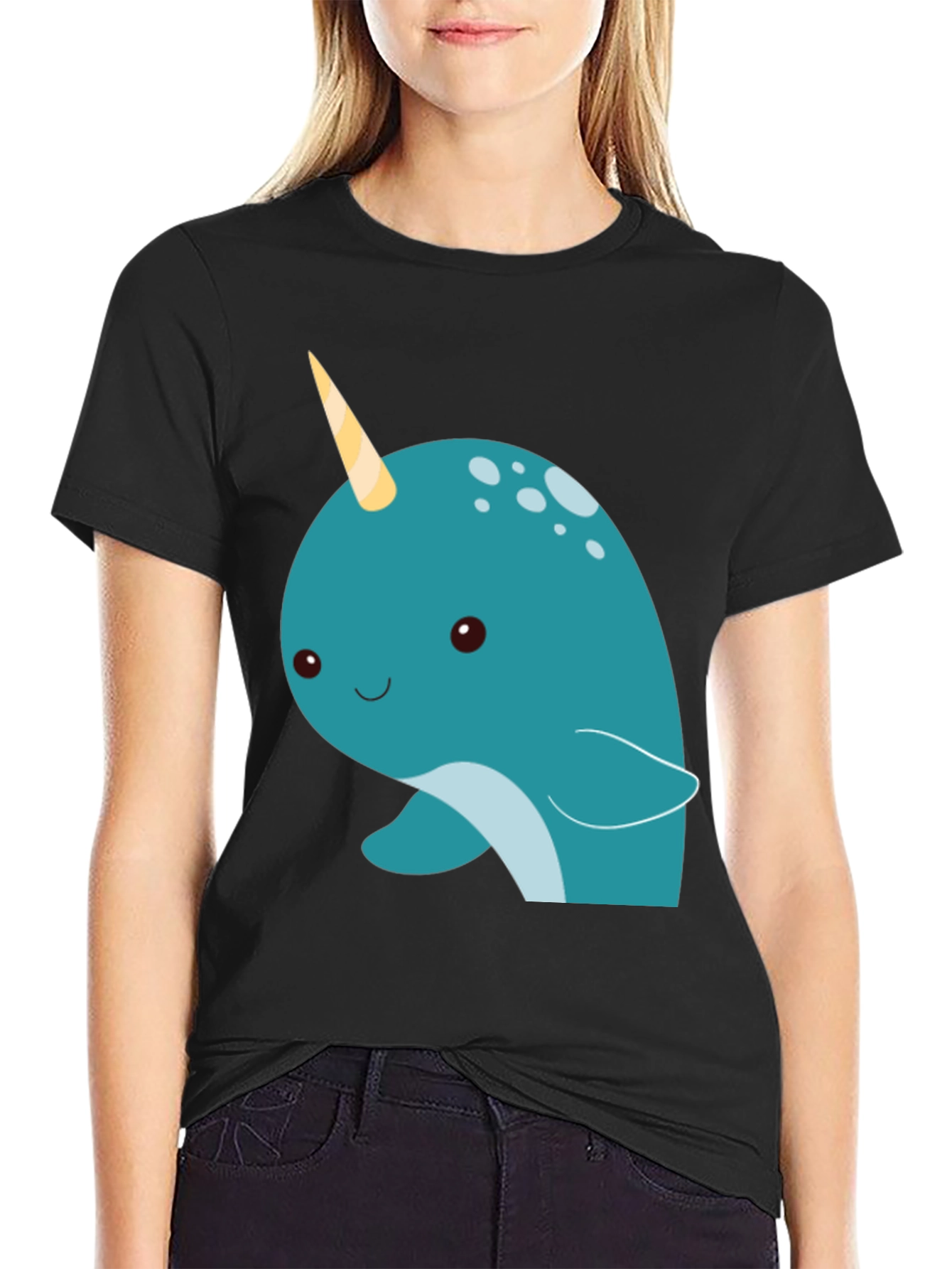 Cute Narwhal Graphic Tee - Black Cotton T-Shirt