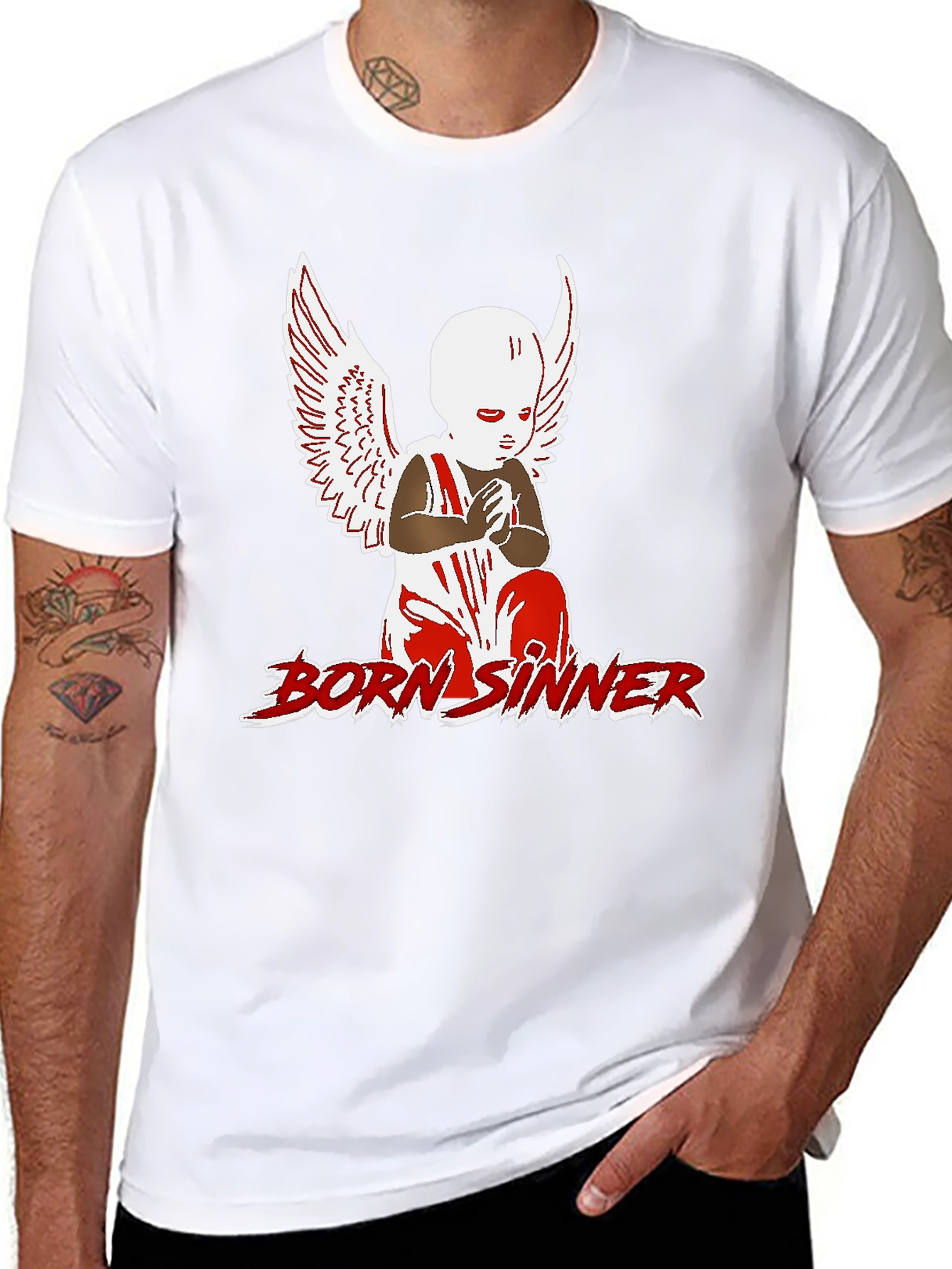 Born Sinner Graphic Tee - Angel Wings Design