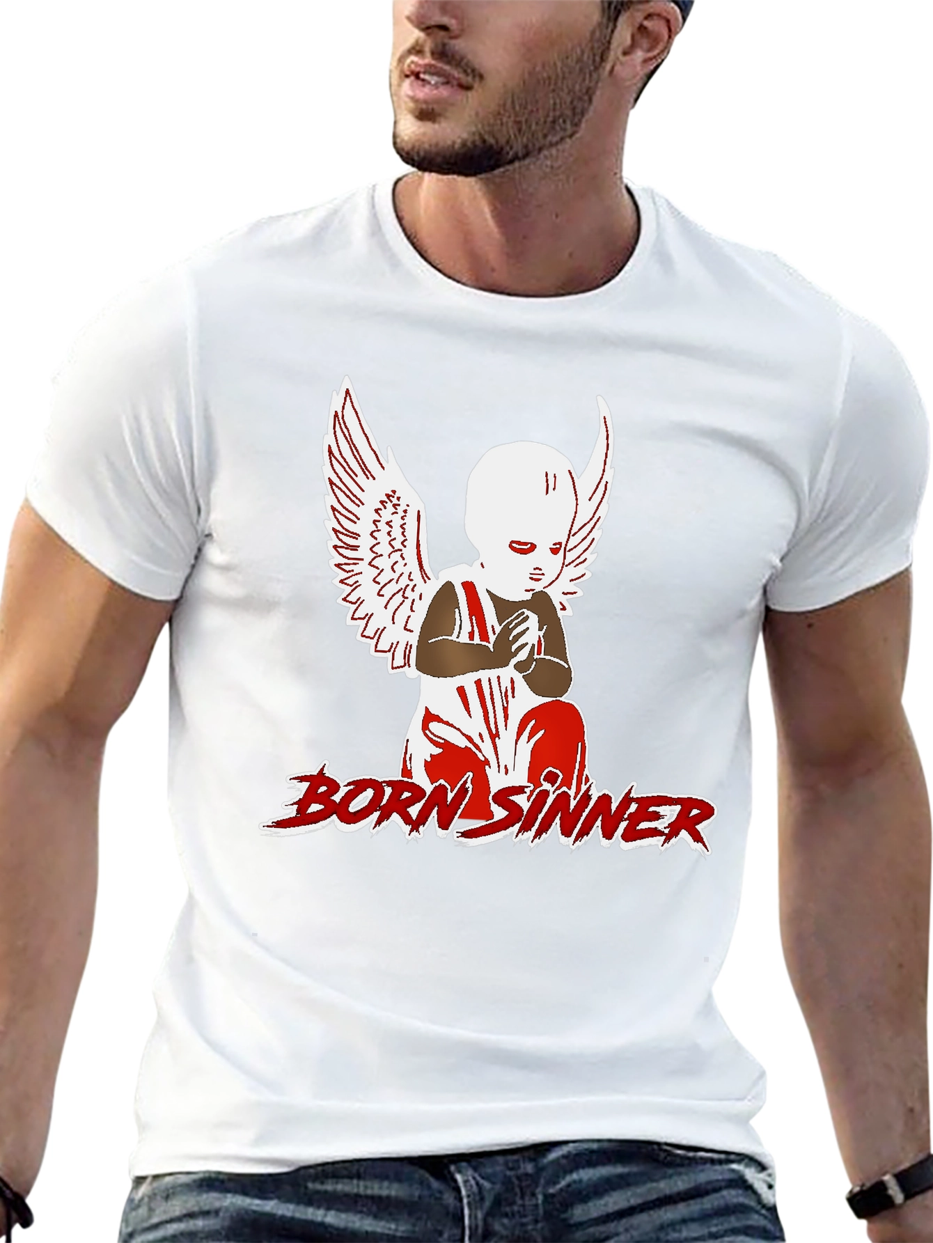 Born Sinner Graphic Tee - Angel Wings Design