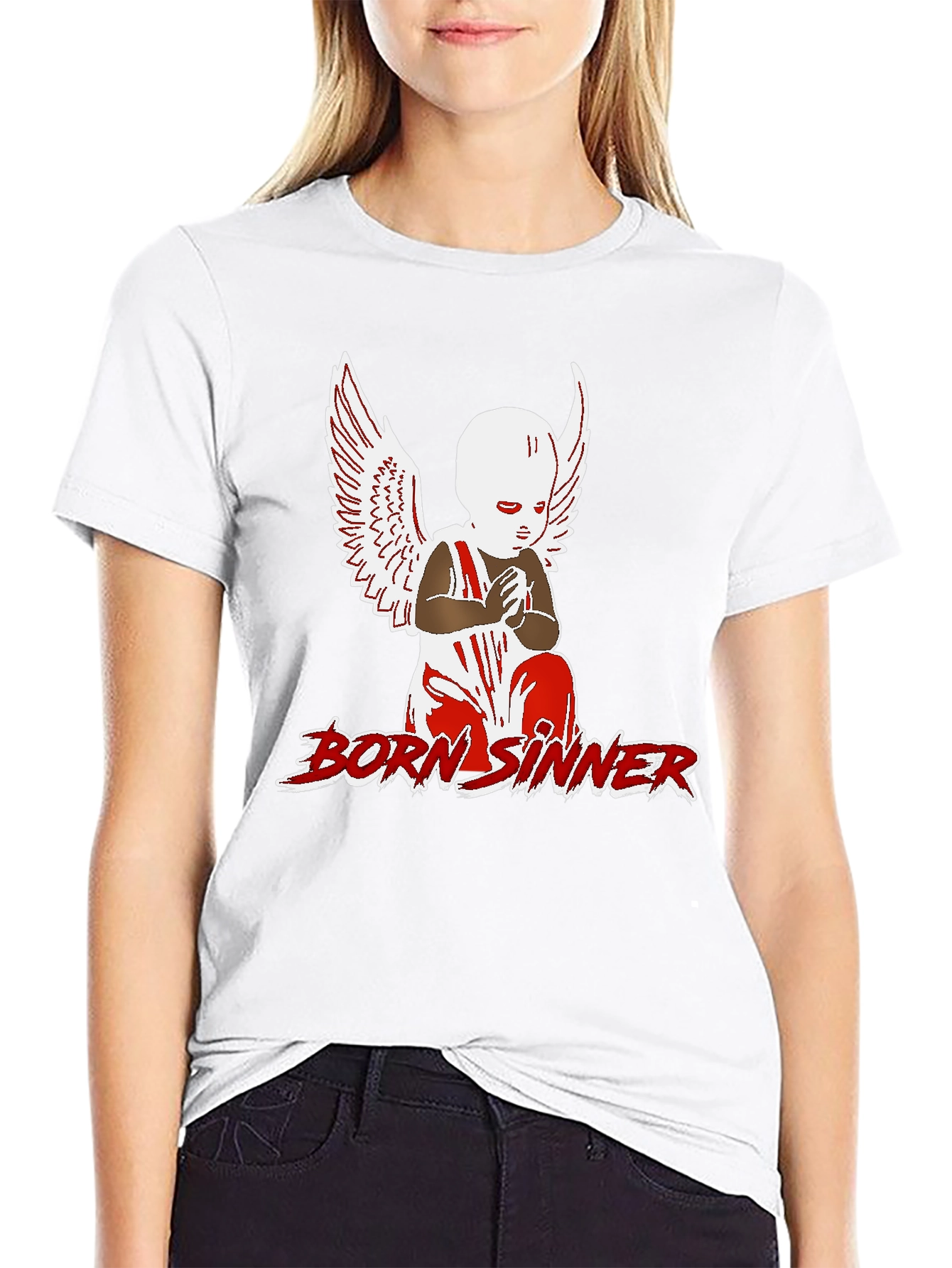 Born Sinner Graphic Tee - Angel Wings Design