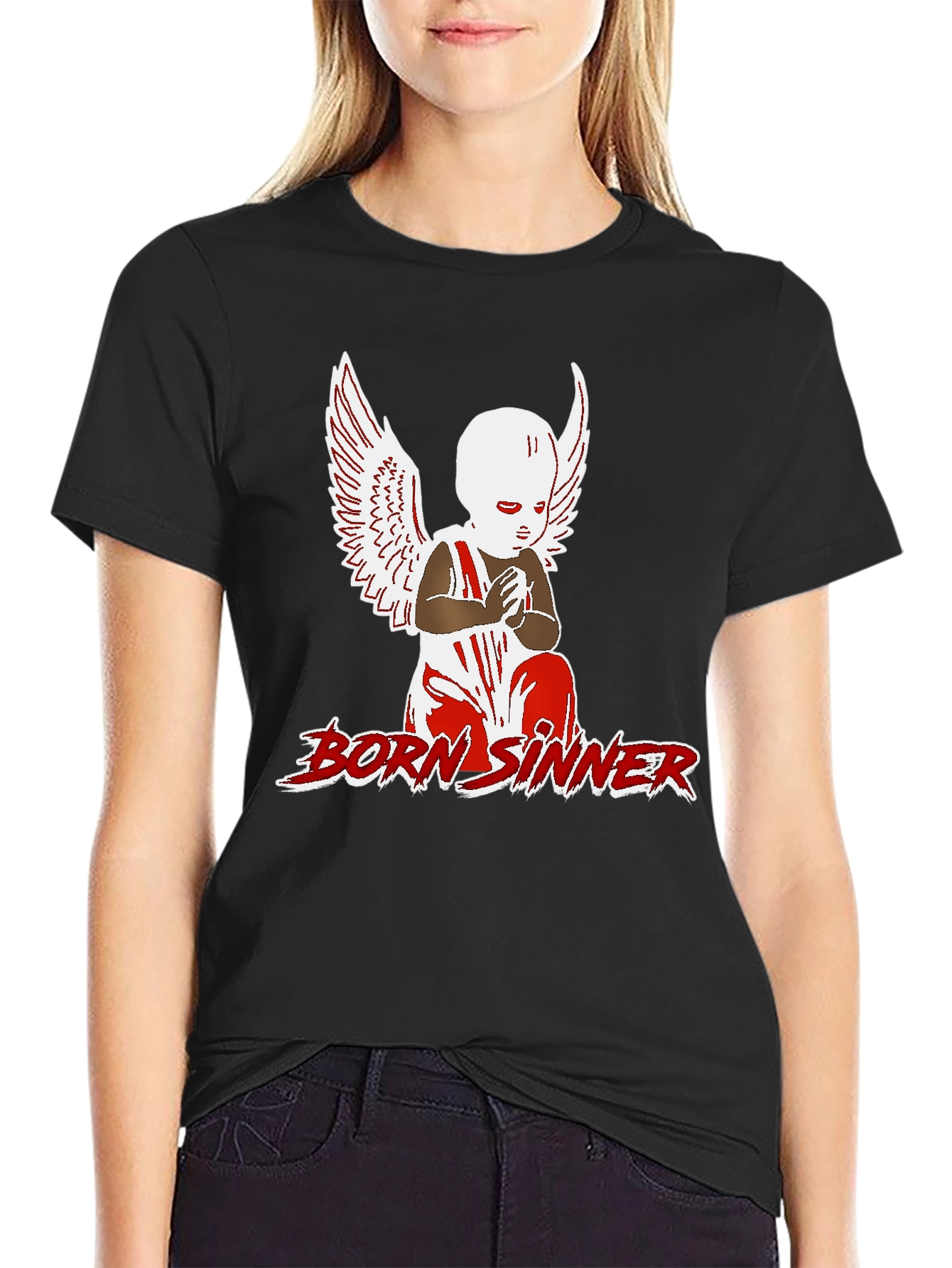 Born Sinner Graphic Tee - Angel Wings Design