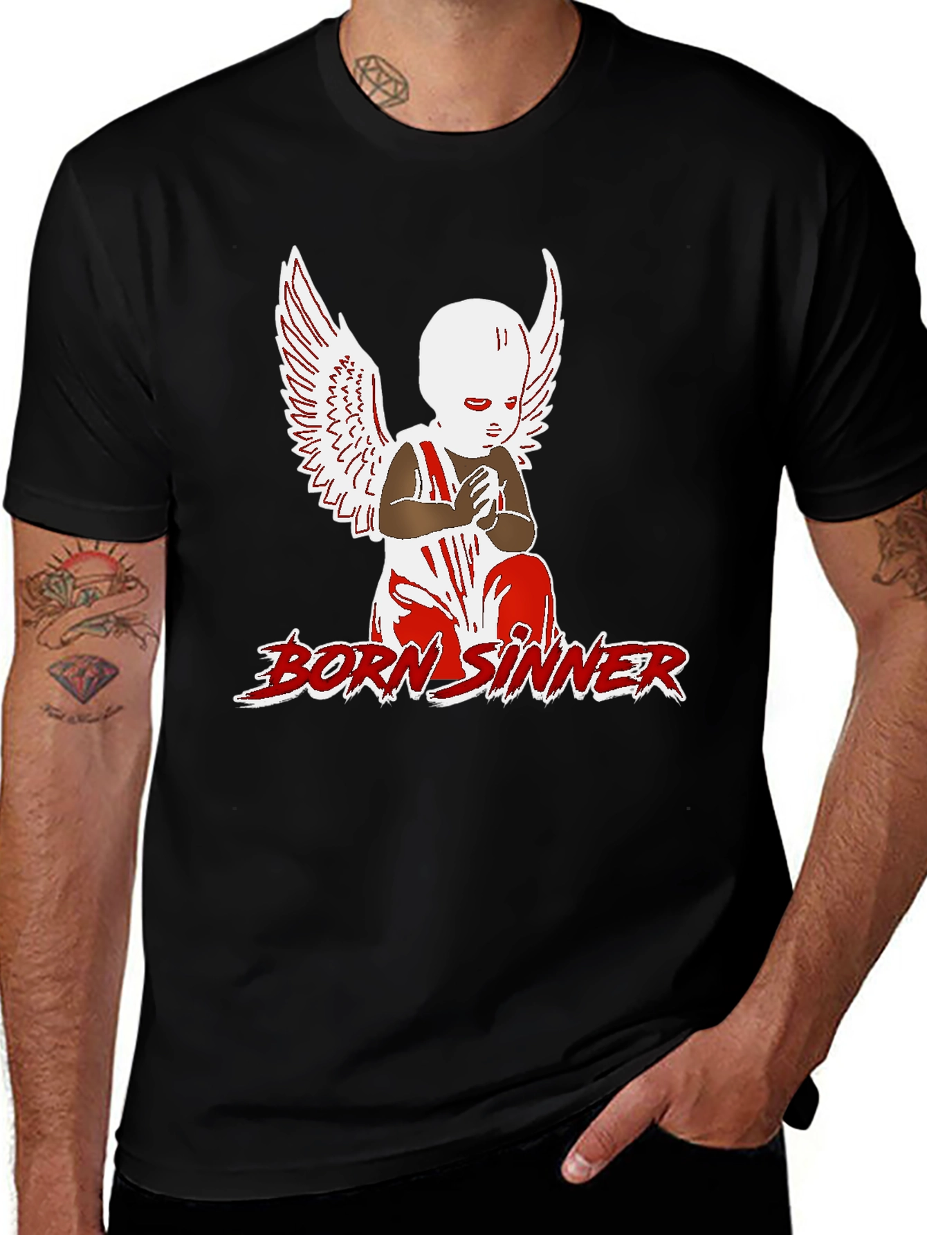 Born Sinner Graphic Tee - Angel Wings Design