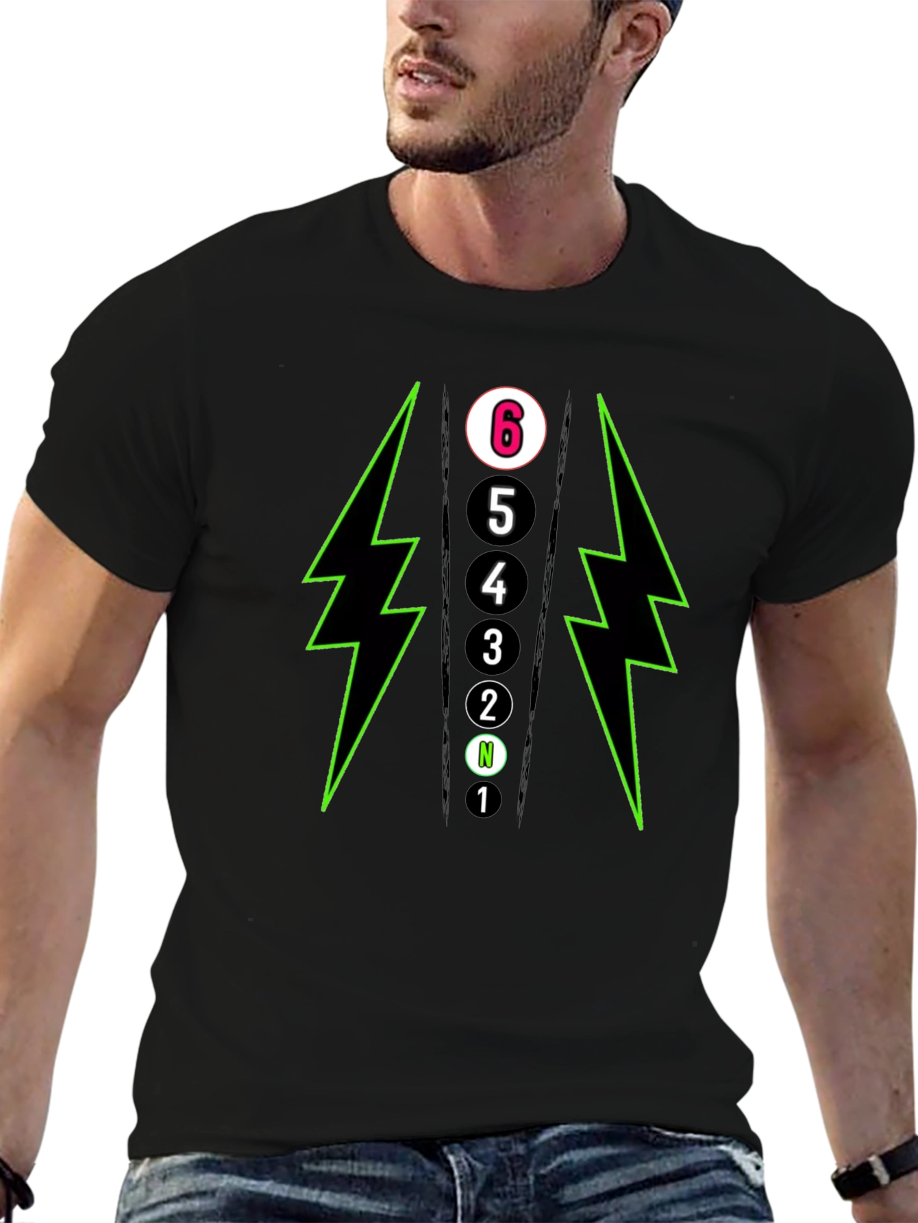 6-Speed Gear Shift T-Shirt - Lightning Bolt Design