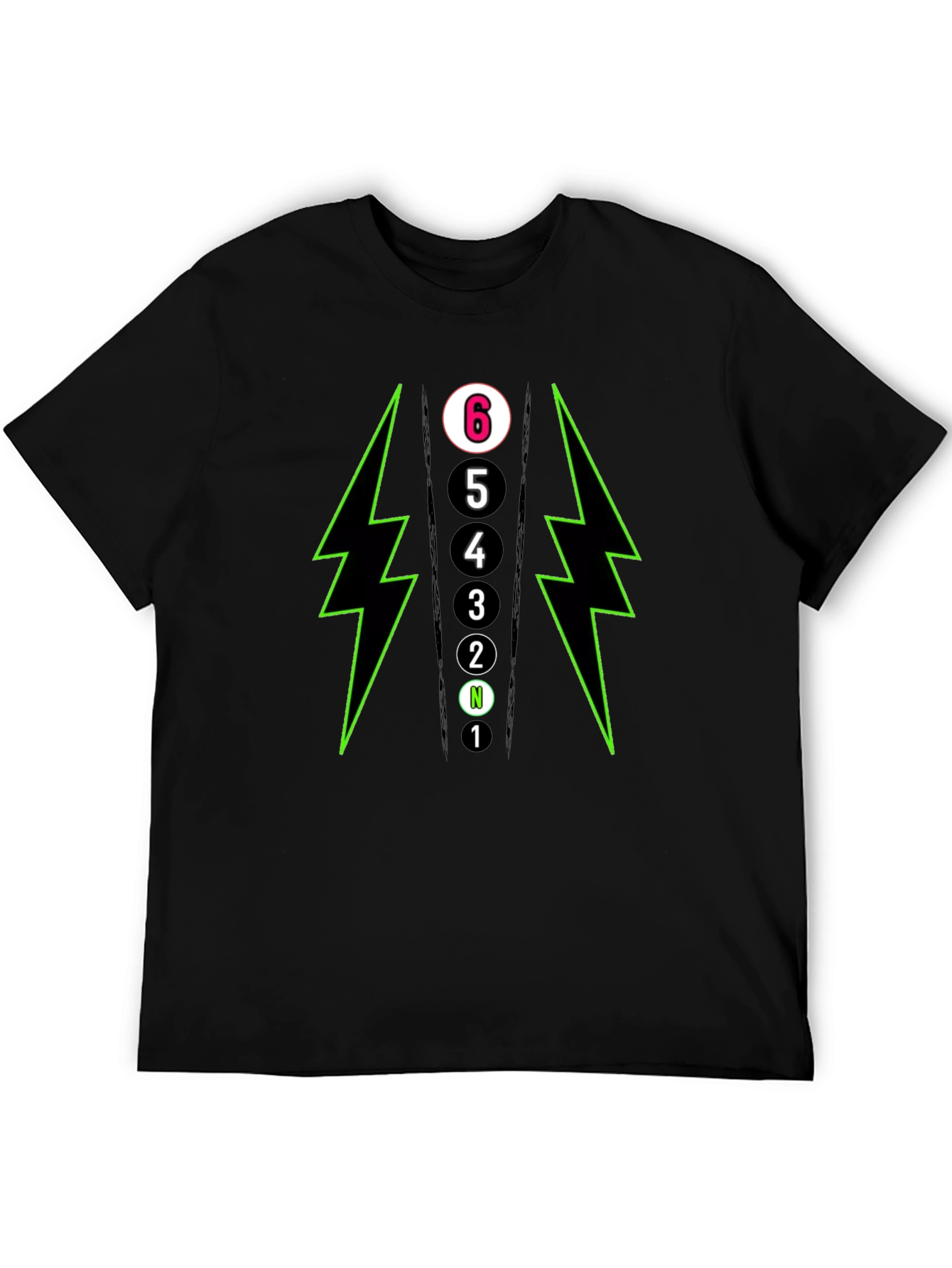 6-Speed Gear Shift T-Shirt - Lightning Bolt Design