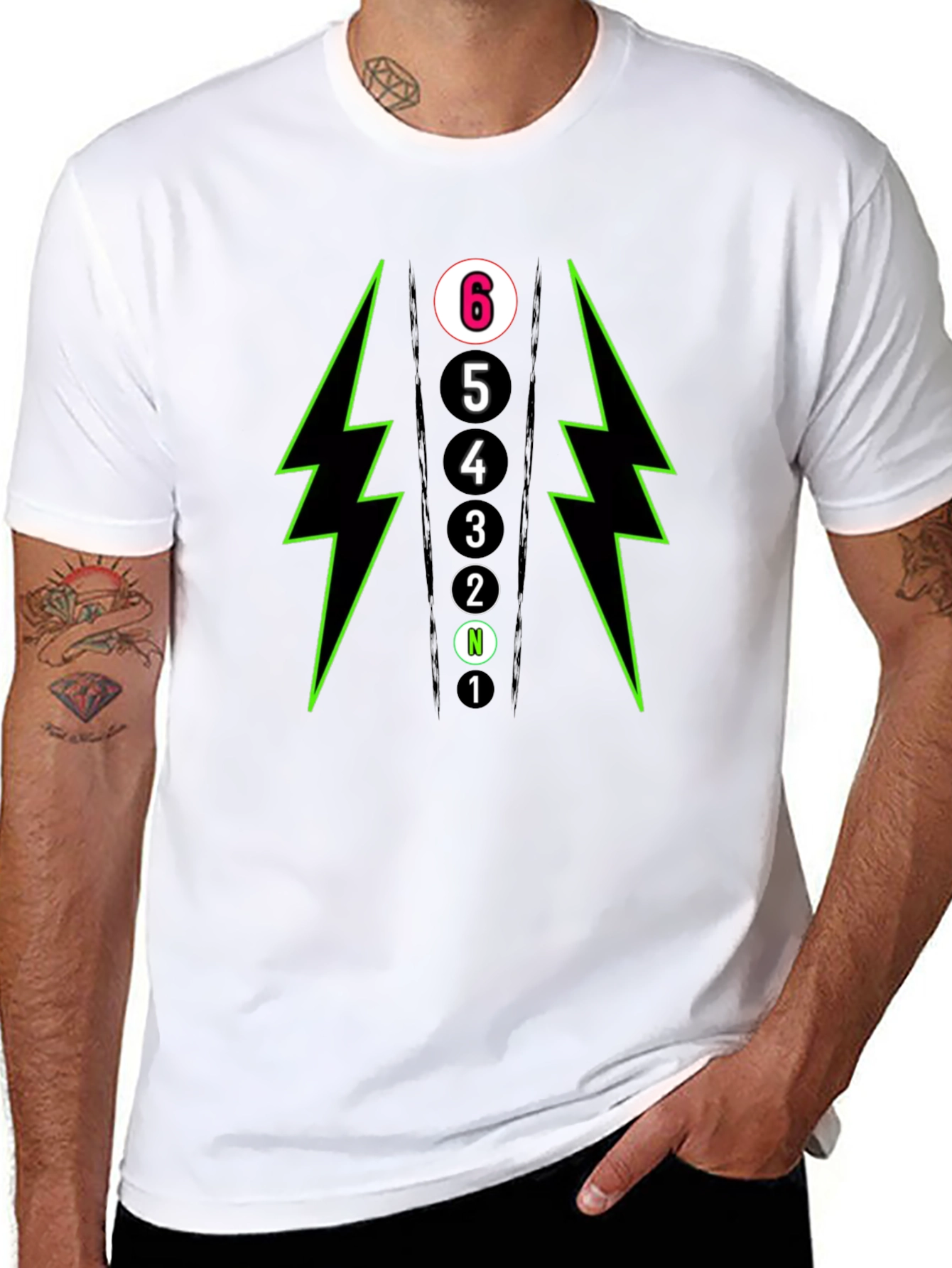 6-Speed Gear Shift T-Shirt - Lightning Bolt Design