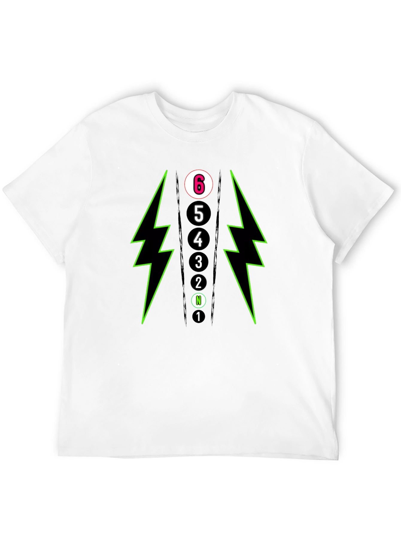 6-Speed Gear Shift T-Shirt - Lightning Bolt Design