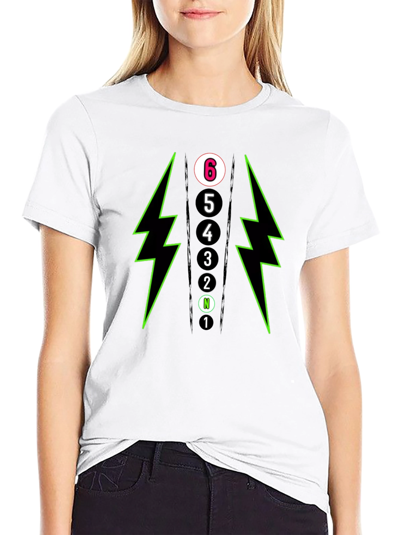 6-Speed Gear Shift T-Shirt - Lightning Bolt Design