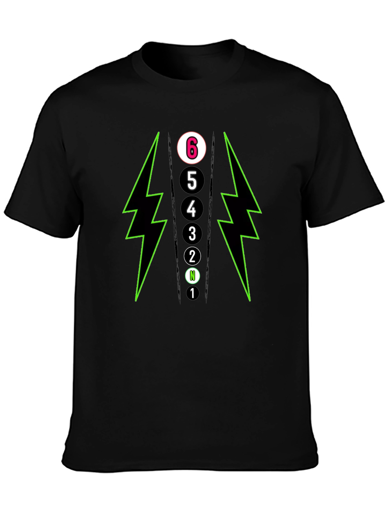 6-Speed Gear Shift T-Shirt - Lightning Bolt Design