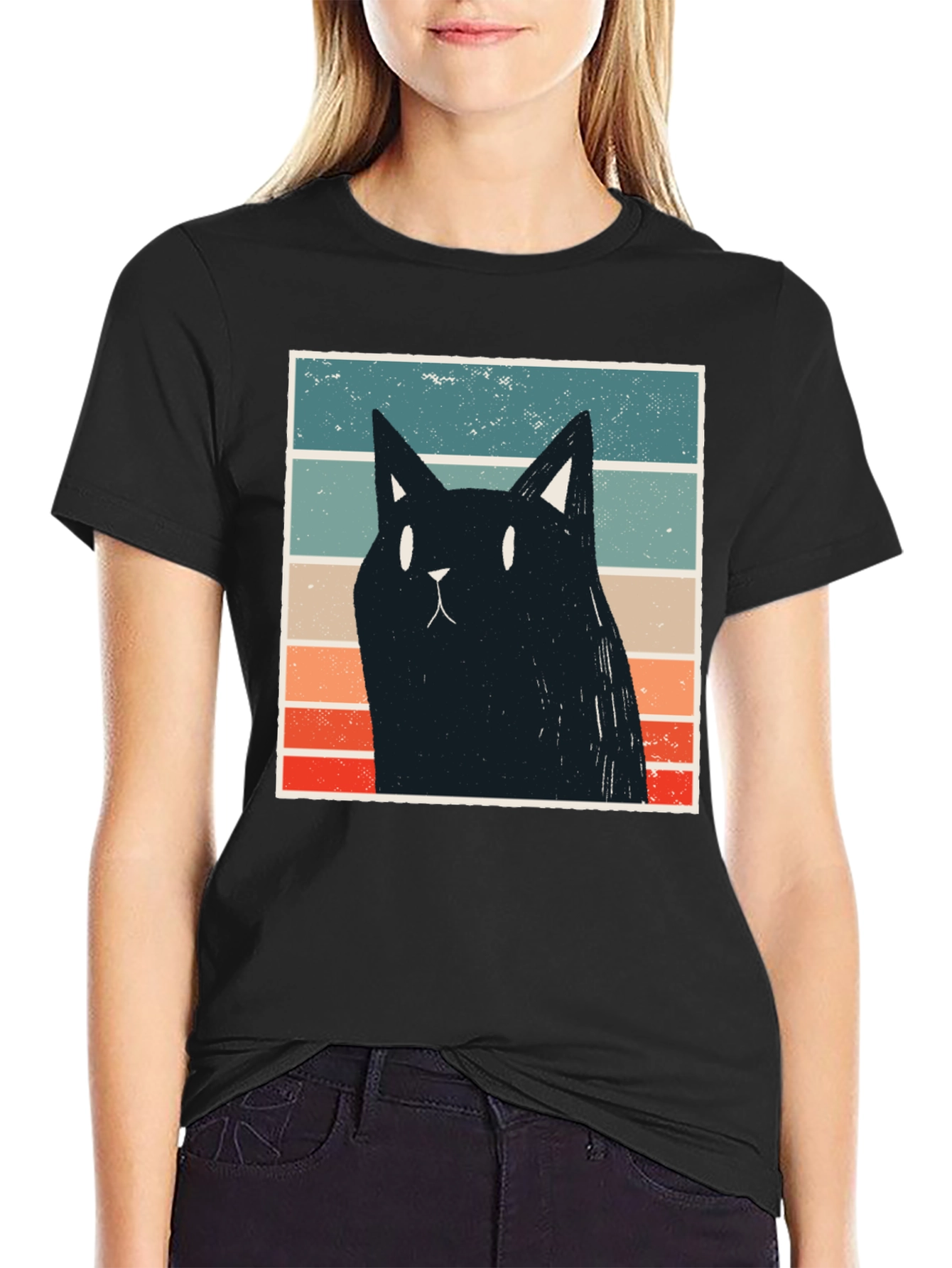 Retro Cat Graphic T-Shirt - Black