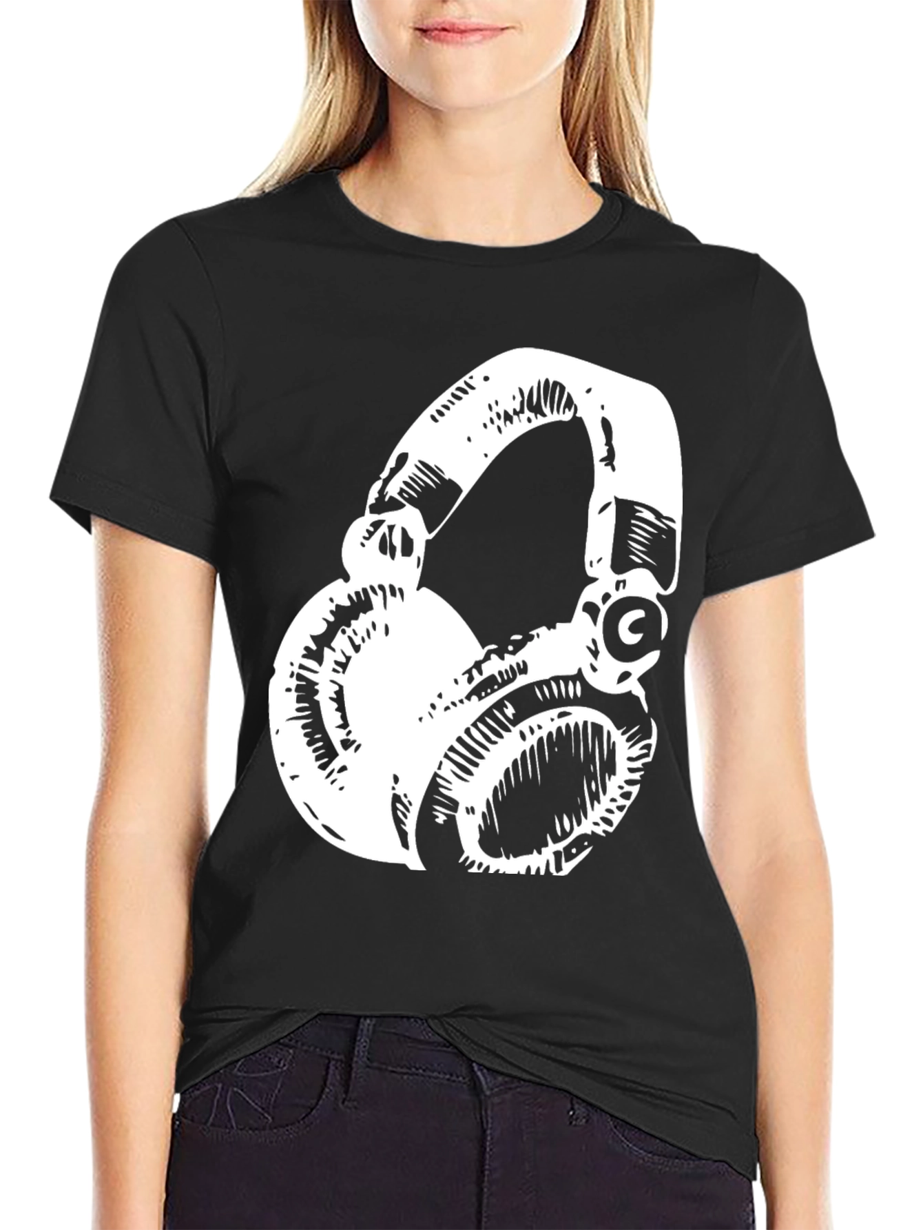 Stylish Black T-Shirt with White Headphones Graphic