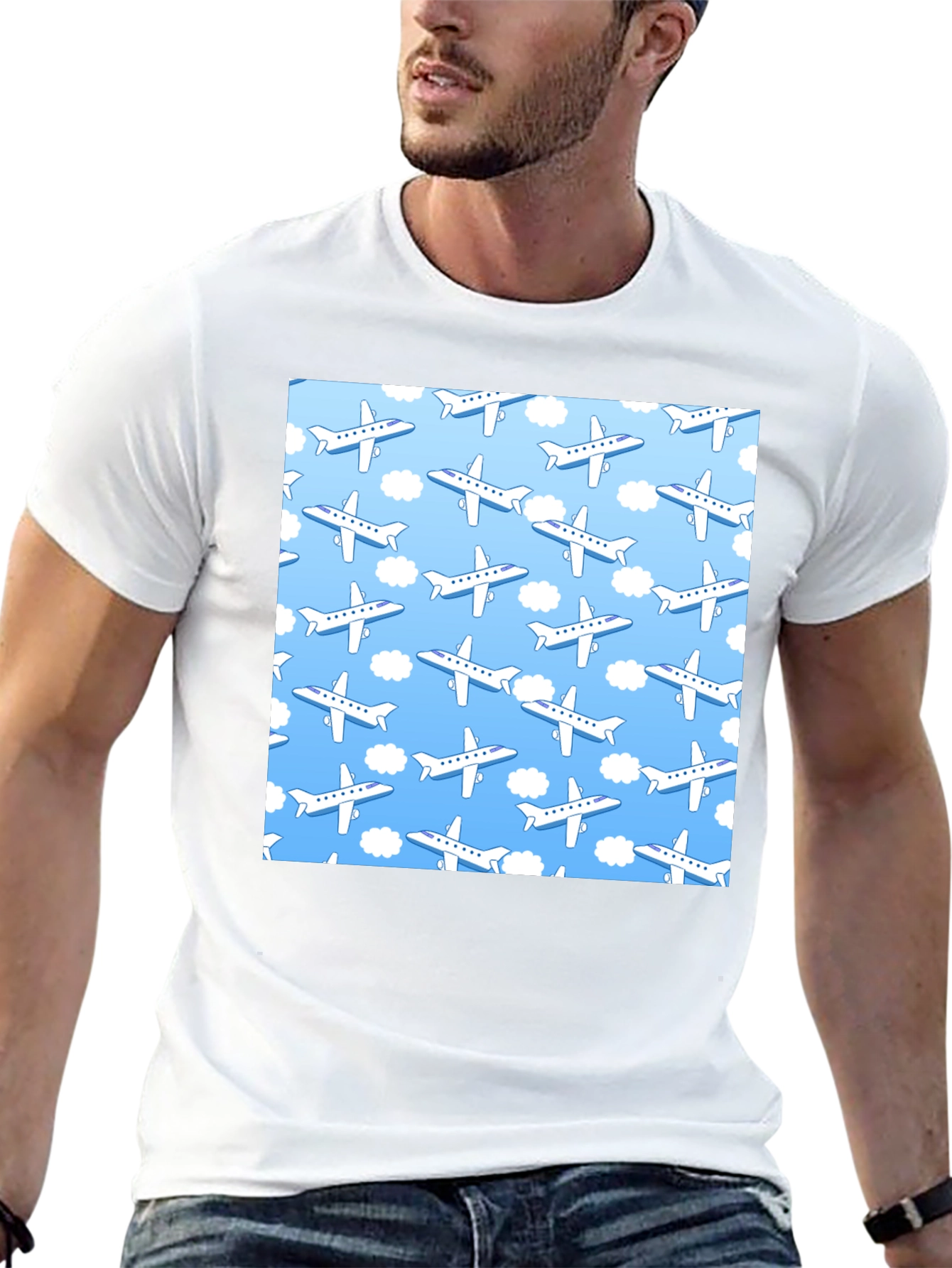 Airplane Pattern T-Shirt - Sky Blue & White Design