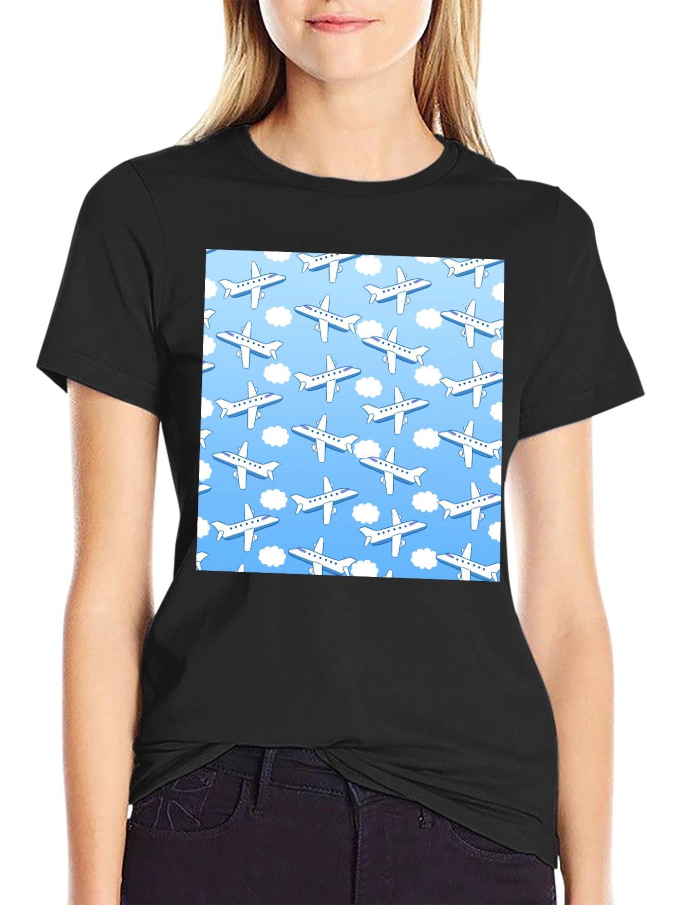 Airplane Pattern T-Shirt - Sky Blue & White Design