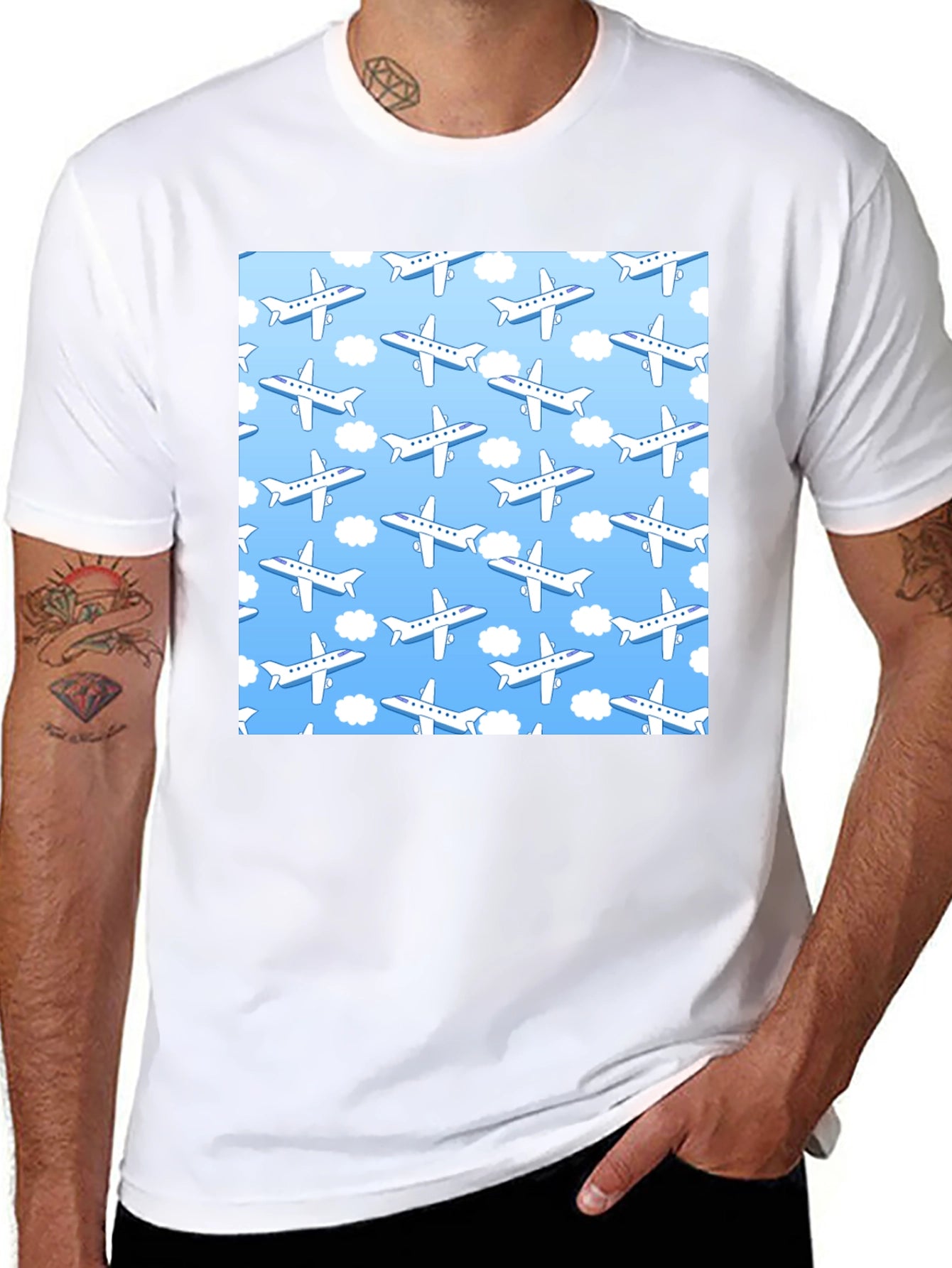 Airplane Pattern T-Shirt - Sky Blue & White Design