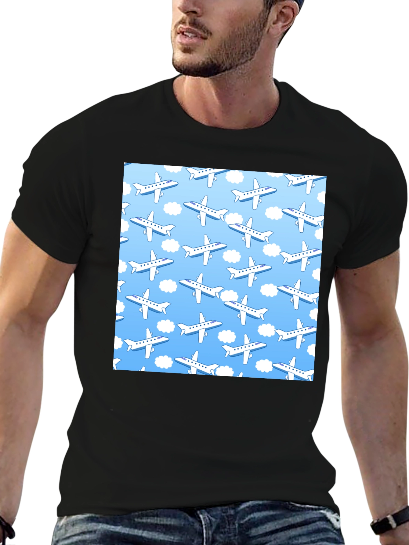 Airplane Pattern T-Shirt - Sky Blue & White Design